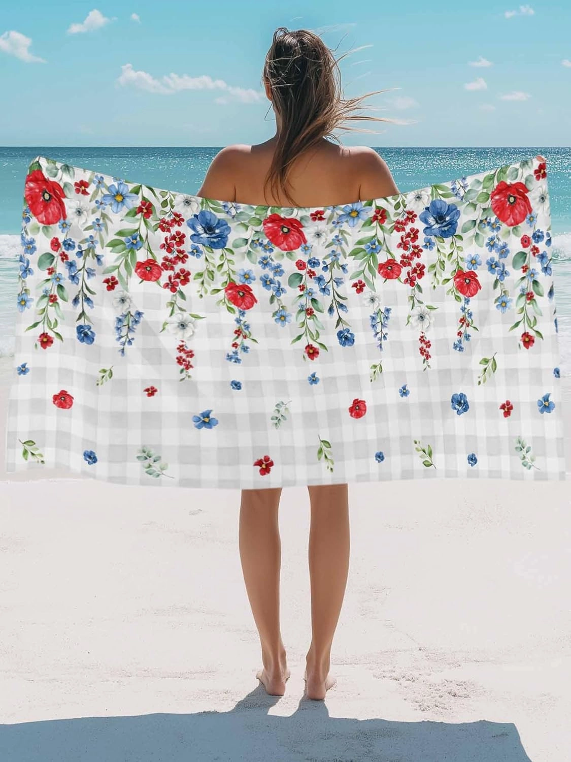 Pink Blue Flowers Beach Towels Microfiber Sand Free Quick Dry Travel Towels Soft Absorbent Lightweight Independence Day Floral on Check Beach Towel for Men Women Swimming Pool,Vacation,30X60IN