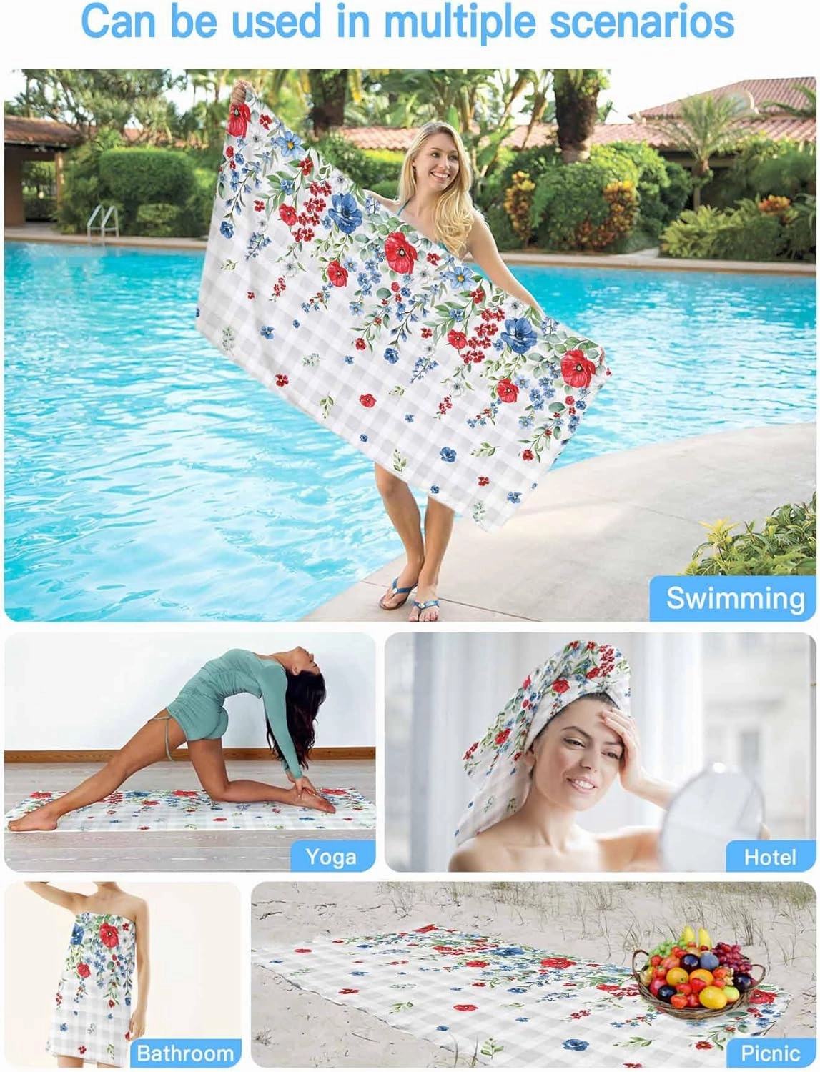 Pink Blue Flowers Beach Towels Microfiber Sand Free Quick Dry Travel Towels Soft Absorbent Lightweight Independence Day Floral on Check Beach Towel for Men Women Swimming Pool,Vacation,30X60IN