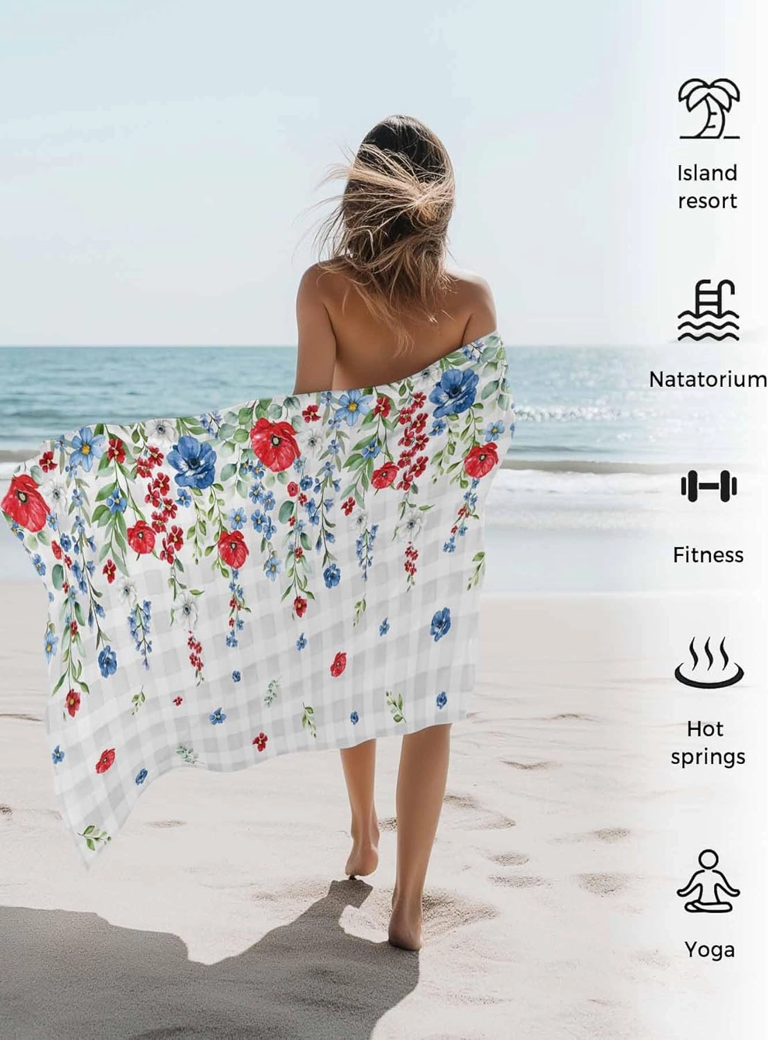 Pink Blue Flowers Beach Towels Microfiber Sand Free Quick Dry Travel Towels Soft Absorbent Lightweight Independence Day Floral on Check Beach Towel for Men Women Swimming Pool,Vacation,30X60IN