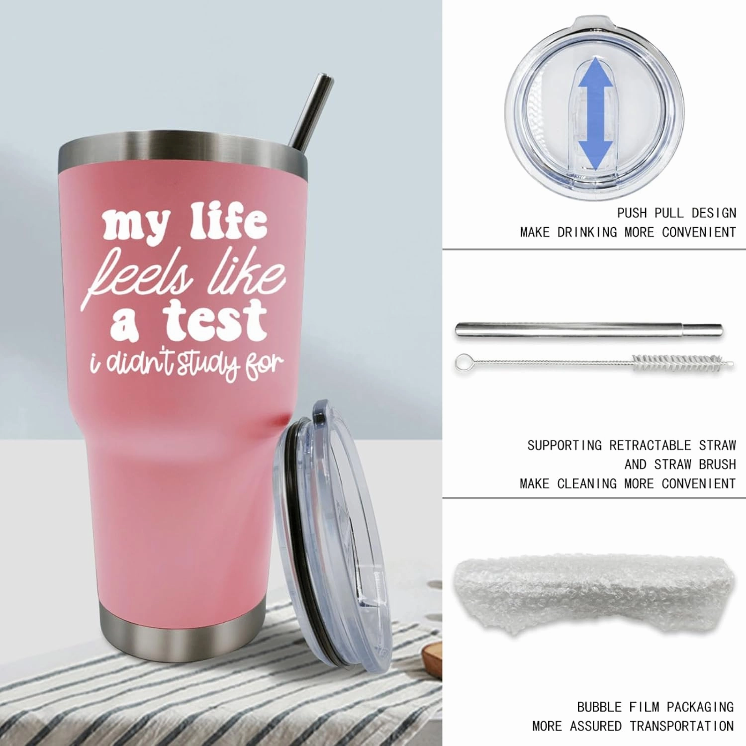 Pink Tumbler My Life Feels Like A Test I Didn't Study For Tumbler Insulated for Hot and Cold Tumbler with Lids and Straws for Uncle for Outdoor