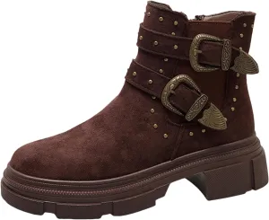 Platform Ankle Boots with Buckle Strap,Classic Chelsea Ankle Bootie Stretch Ankle Studded Rivet Buckle Strap Chunky Bottom Boots Round Toe Wide Width Faux Suede Winter Fall Flat Shoes