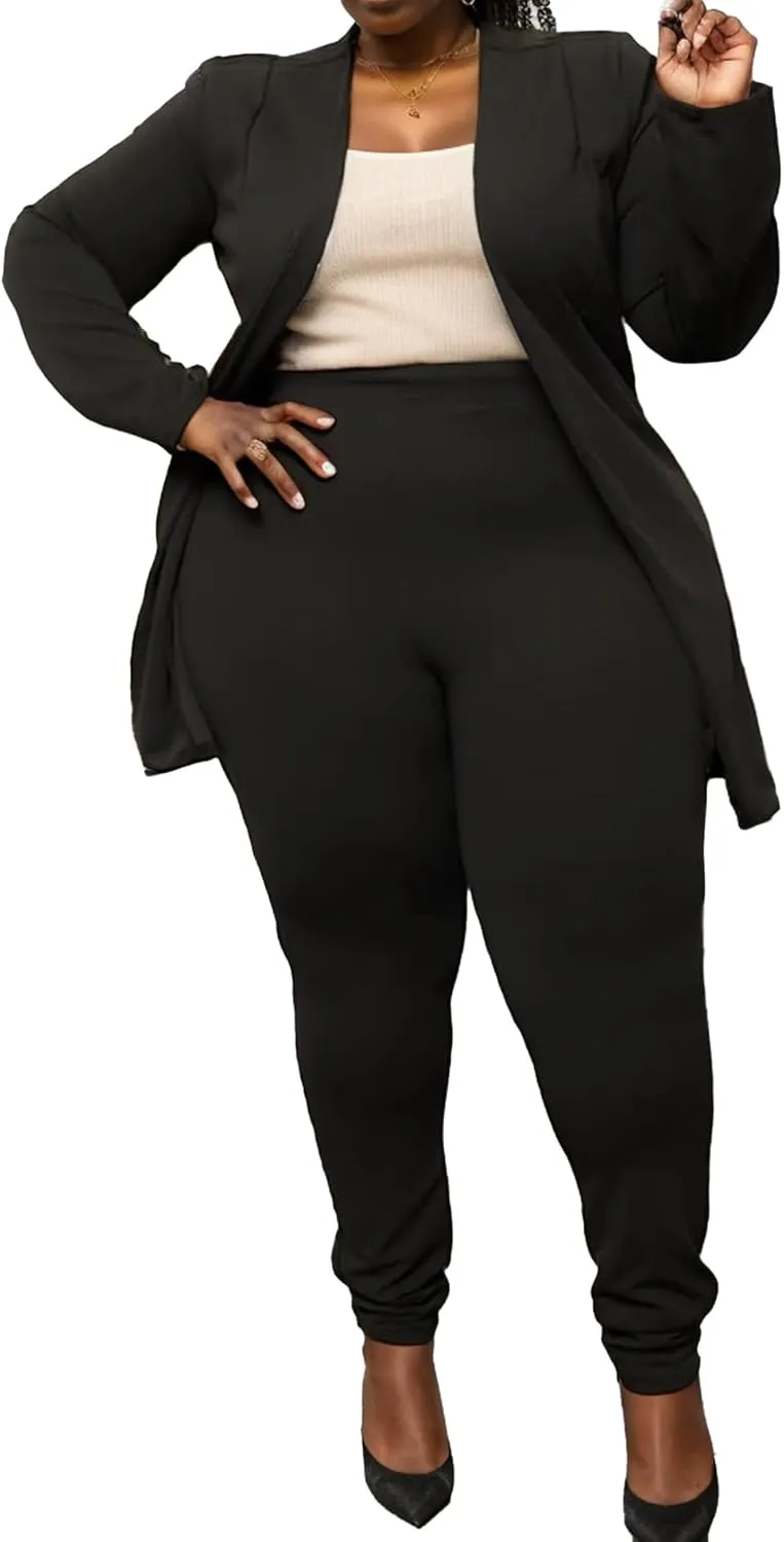Plus Size Casual Work Pants Suit Set Cropped Jacket Fitted Trousers