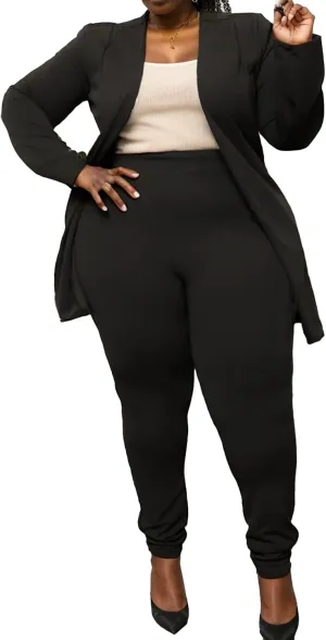 Plus Size Casual Work Pants Suit Set Cropped Jacket Fitted Trousers