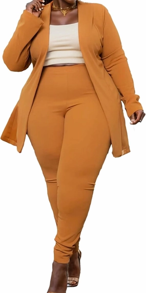 Plus Size Casual Work Pants Suit Set Cropped Jacket Fitted Trousers