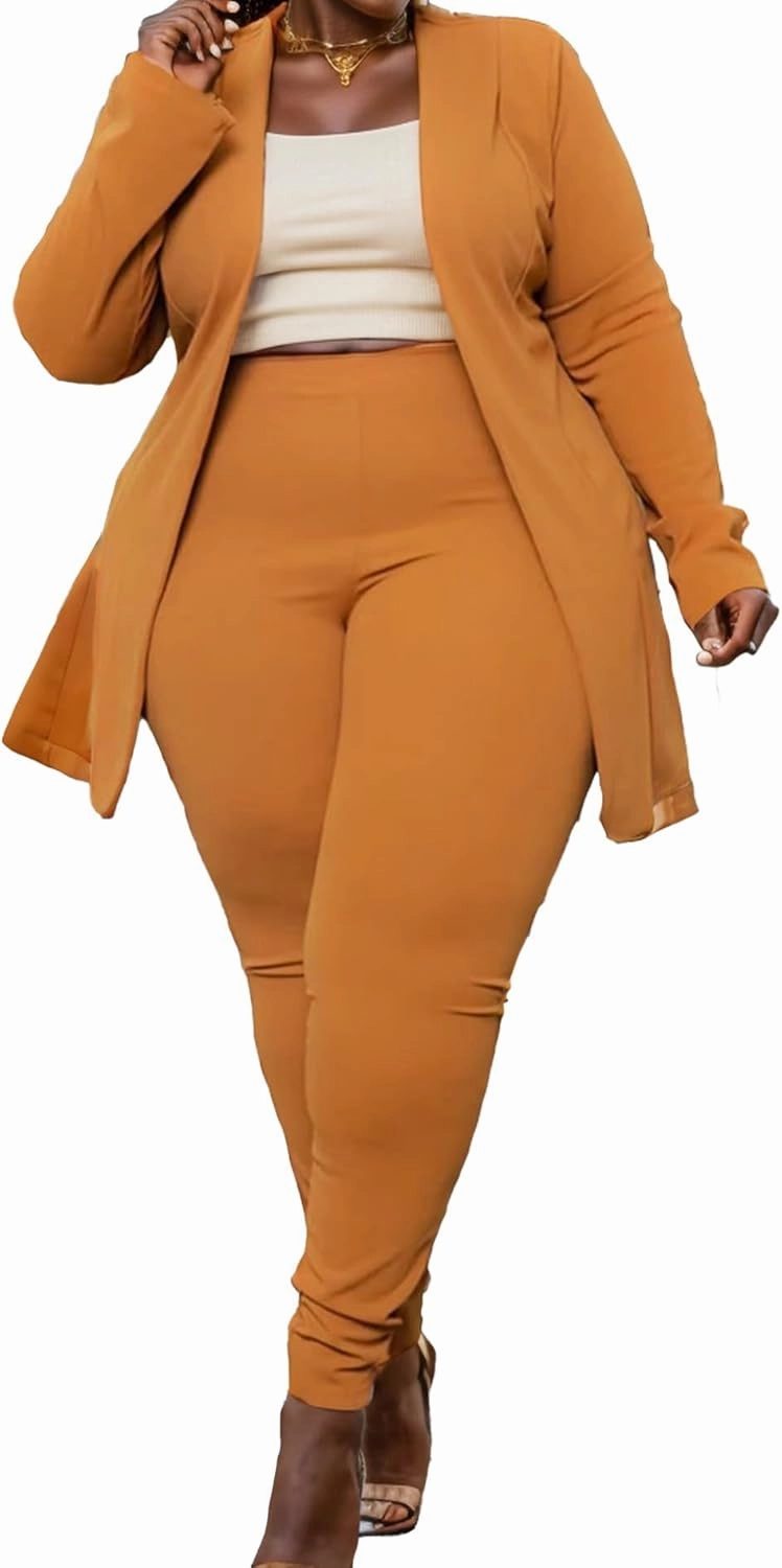 Plus Size Casual Work Pants Suit Set Cropped Jacket Fitted Trousers