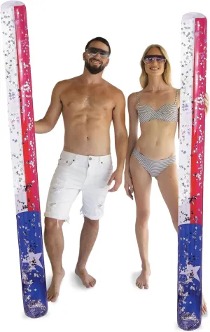 POZA 2 Pack Jumbo Texas Flag Inflatable Pool Noodle Floats - Premium Luxurious Patriotic Pool Toys with Sparkly Silver Star Confetti for Adults and Kids - 74 Inch