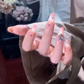 Press on Nails, Short ladder Fake Nails Translucent False Nails Large Pink Press on Nails for Women Girls Nail Art Decoration - Lagre