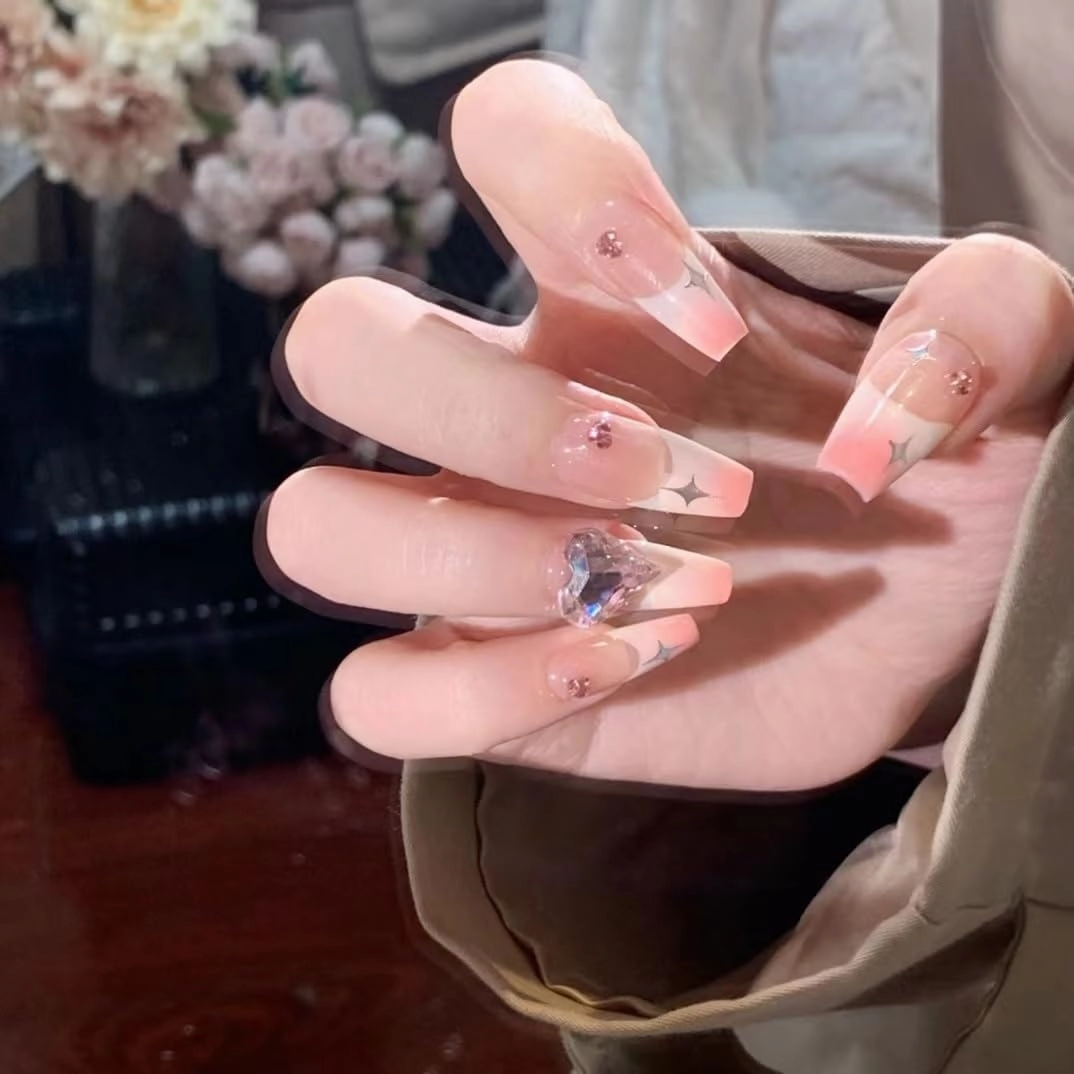 Press on Nails, Short ladder Fake Nails Translucent False Nails Large Pink Press on Nails for Women Girls Nail Art Decoration - Lagre