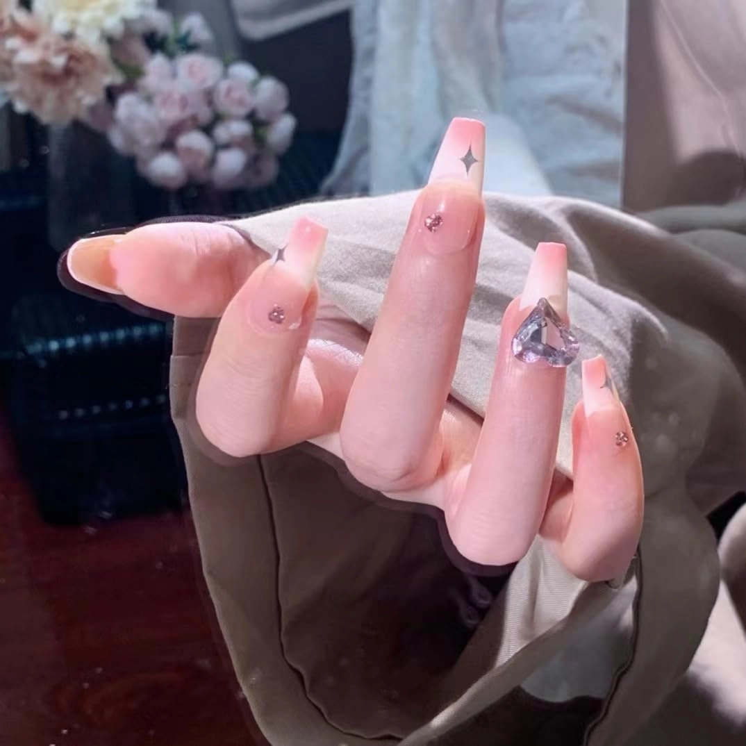 Press on Nails, Short ladder Fake Nails Translucent False Nails Large Pink Press on Nails for Women Girls Nail Art Decoration - Lagre