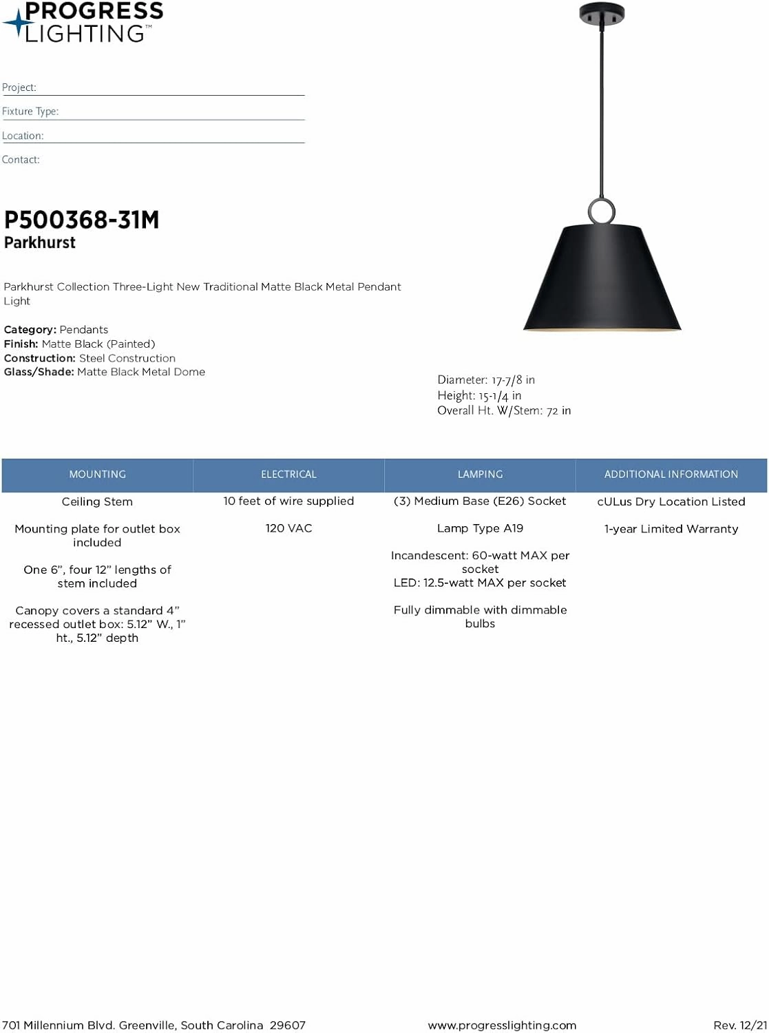 Progress Lighting Parkhurst Collection 18 in. 3-Light Matte Black Pendant