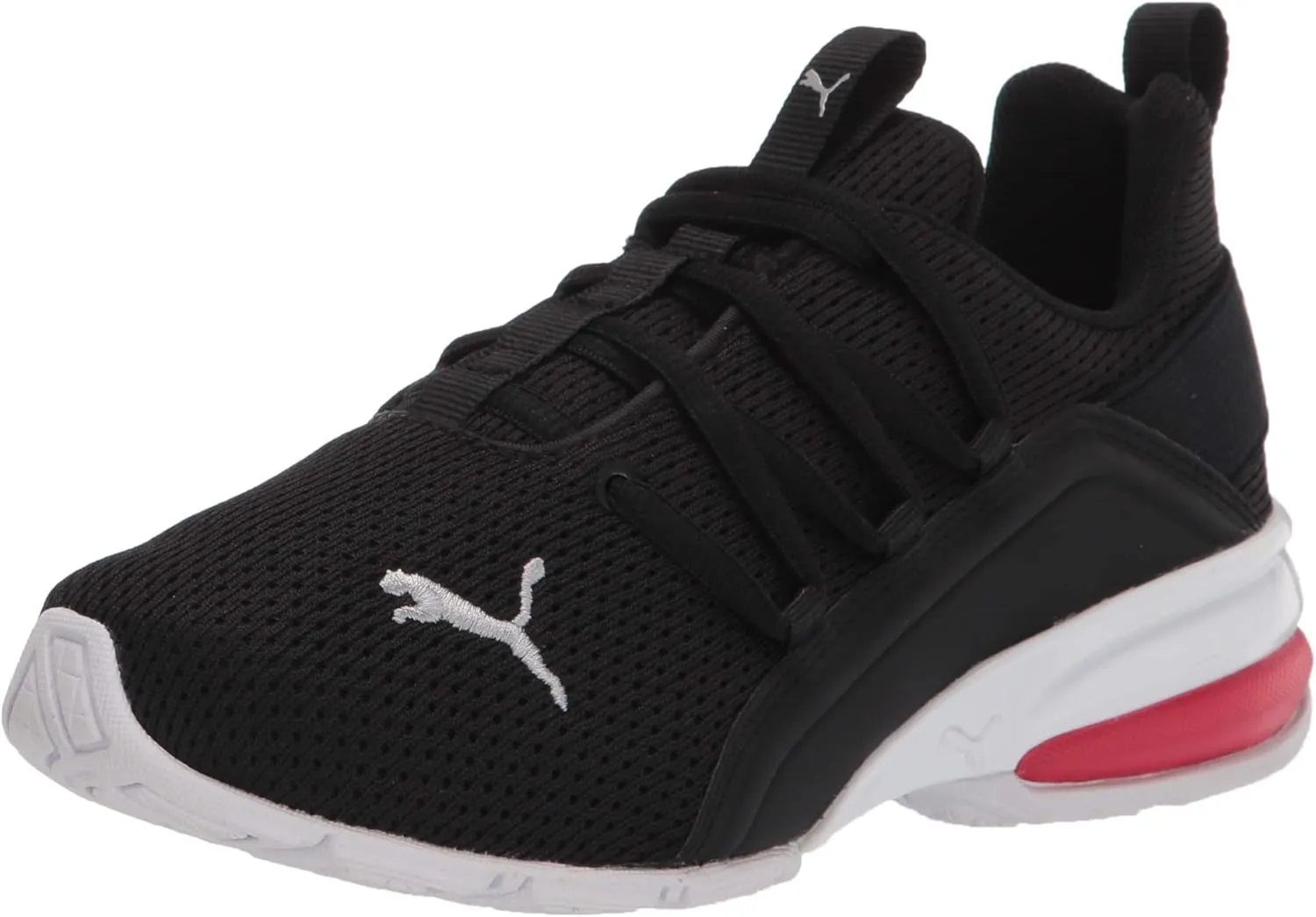 PUMA Unisex-Child Axelion Mesh Sneaker, 11.5Little Kid, Black Silver-High Risk Red