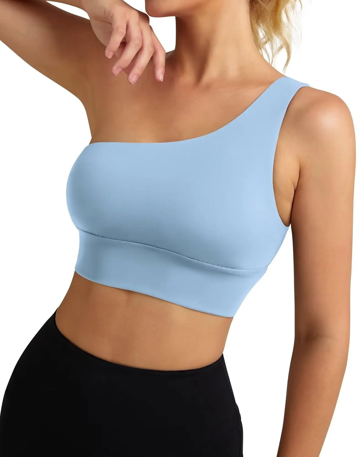 QUEENIEKE Womens One Shoulder Sports Bra Workout Strap Yoga Bras Cute Low Support Tops