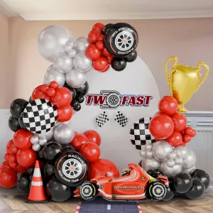 Race Car Balloon Arch Kit, Tow Fast Balloon Decoration, Red Black Pearl Silver Balloons with Car/Trophy/Chechered Flag/Tire Foil Balloons Garland For Boy Birthday, Racing Party