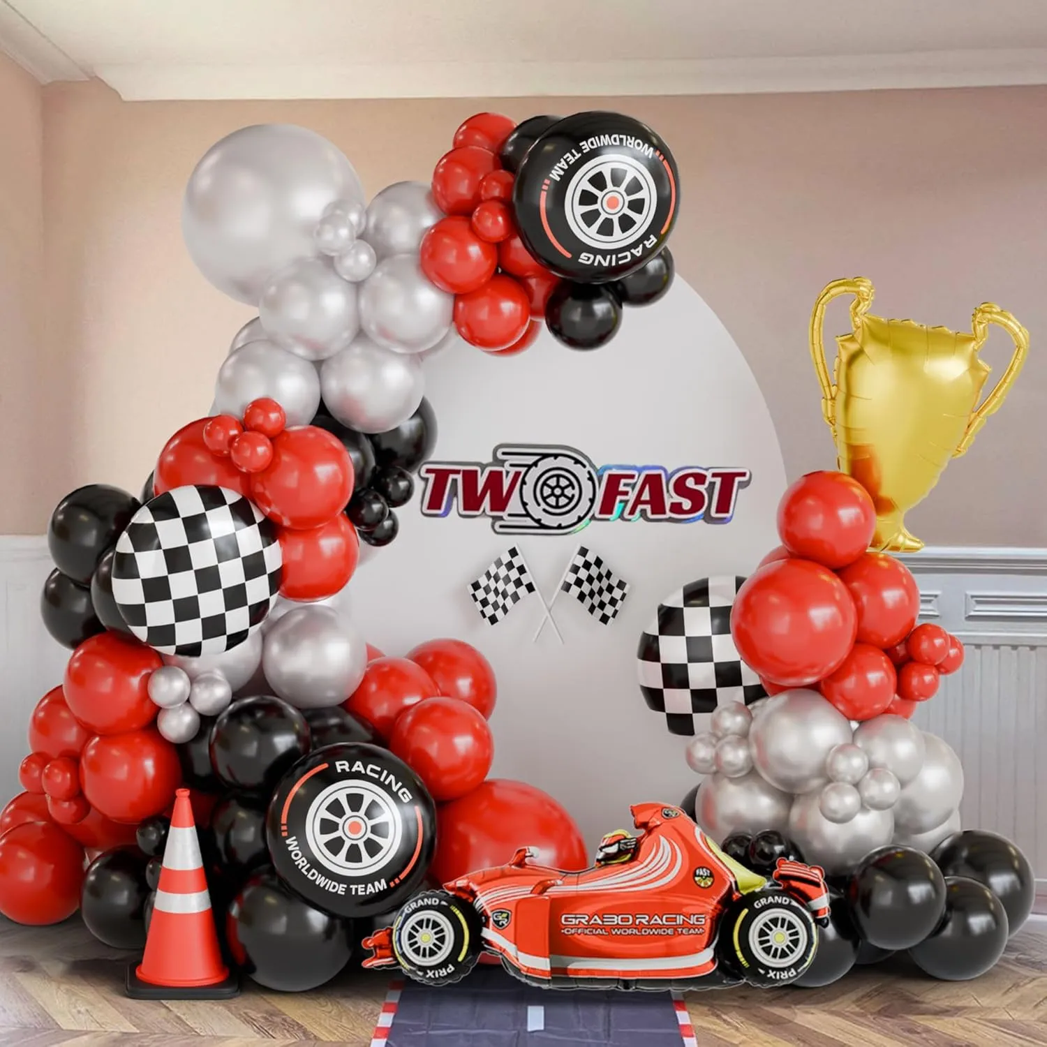 Race Car Balloon Arch Kit, Tow Fast Balloon Decoration, Red Black Pearl Silver Balloons with Car/Trophy/Chechered Flag/Tire Foil Balloons Garland For Boy Birthday, Racing Party