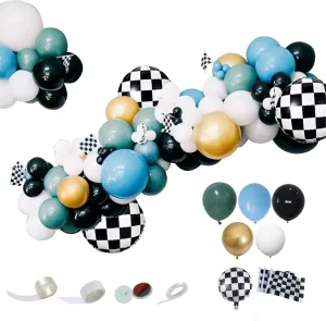 Race Car Balloons Garland Kit,88Pcs Retro Willow Green Matte Light Blue Black White Chrome Gold Balloons Tracking Flag for Racing Car Birthday Theme Party Decorations Supplies