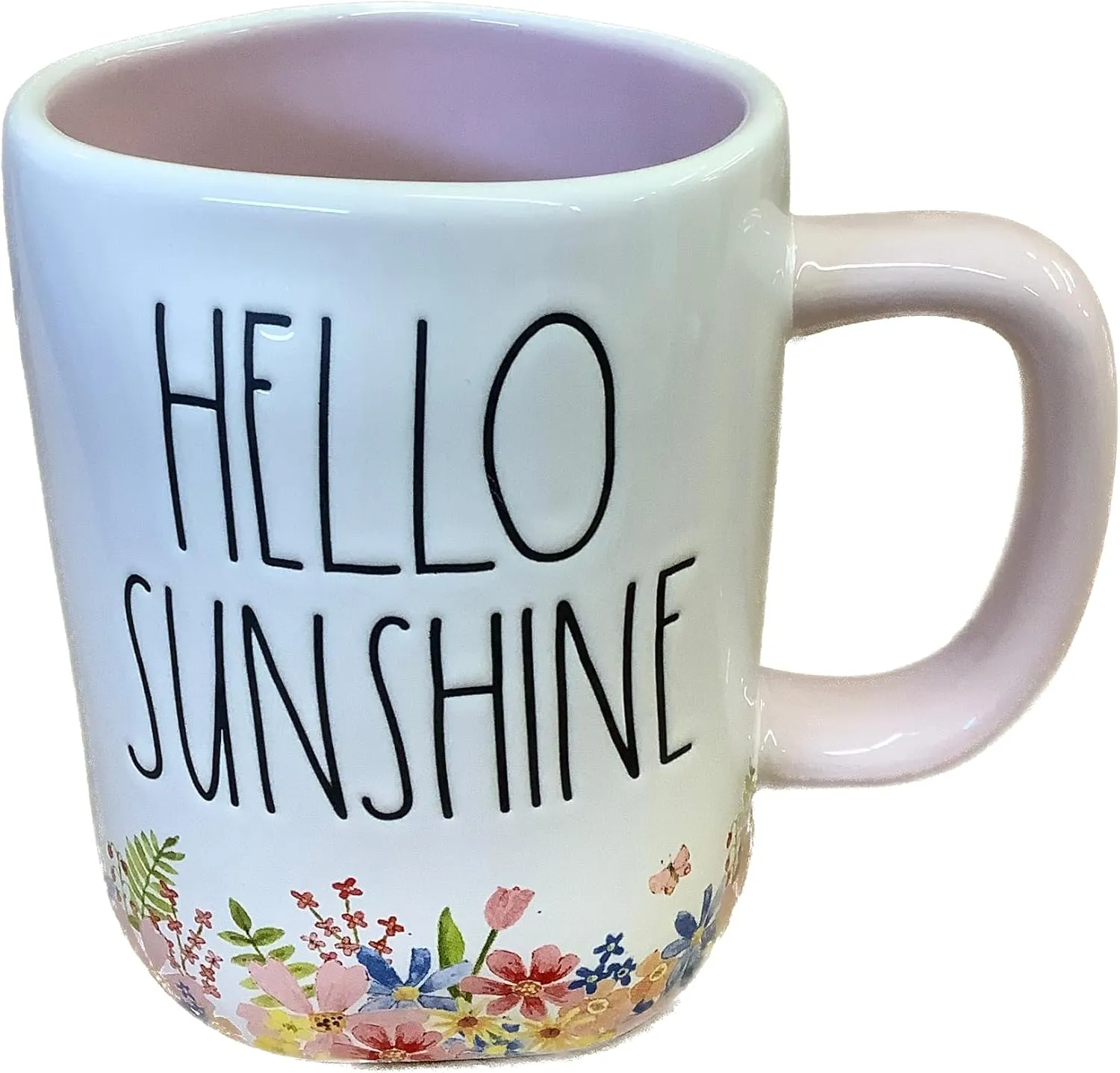 Rae Dunn Hello Sunshine Floral Coffee Mug with Light Pink Handle and Interior