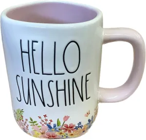 Rae Dunn Hello Sunshine Floral Coffee Mug with Light Pink Handle and Interior