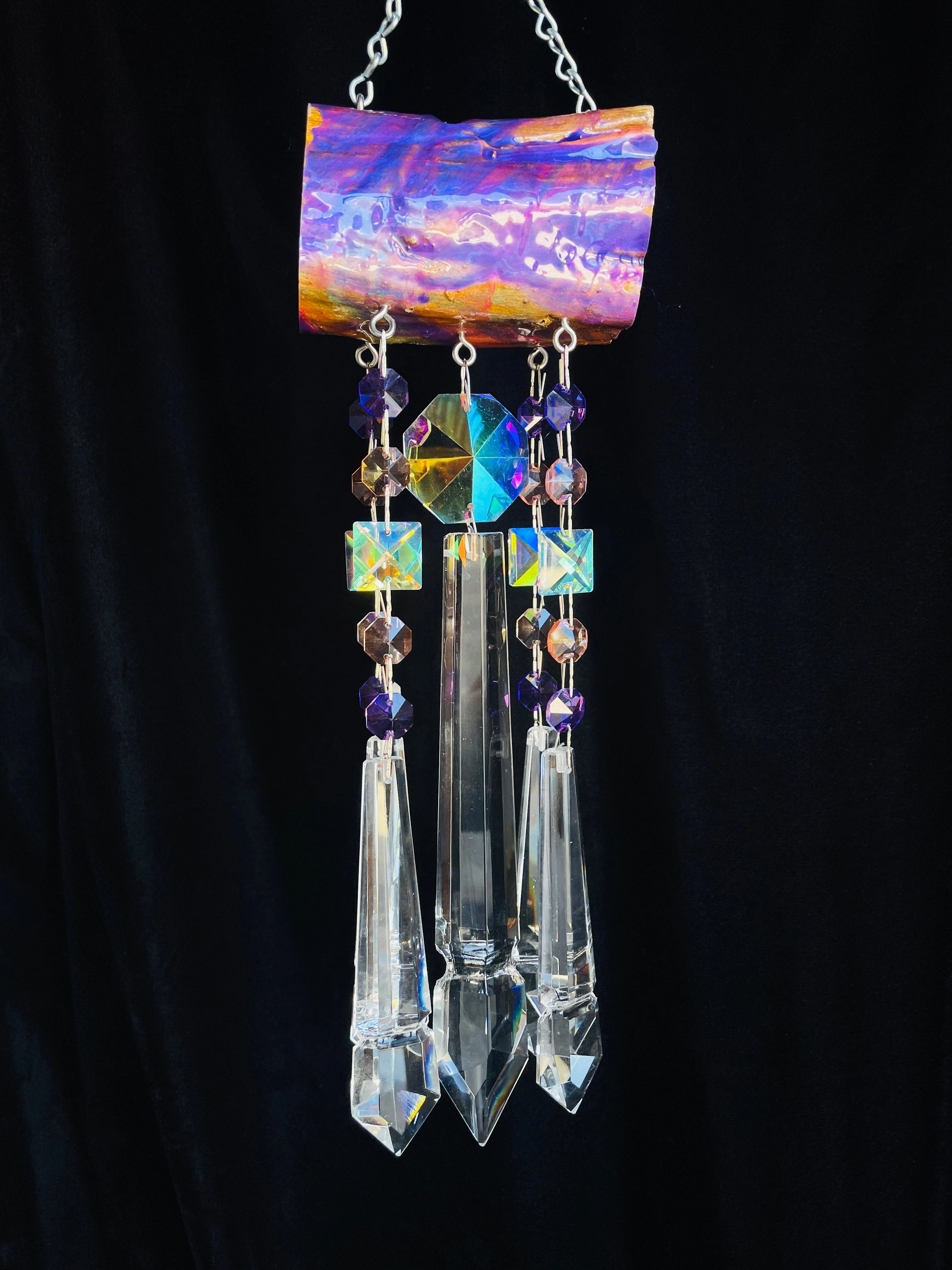 Rainbow Tree Driftwood & Crystal Sun Catcher Wind Chime 5 Strand Purple & Peach