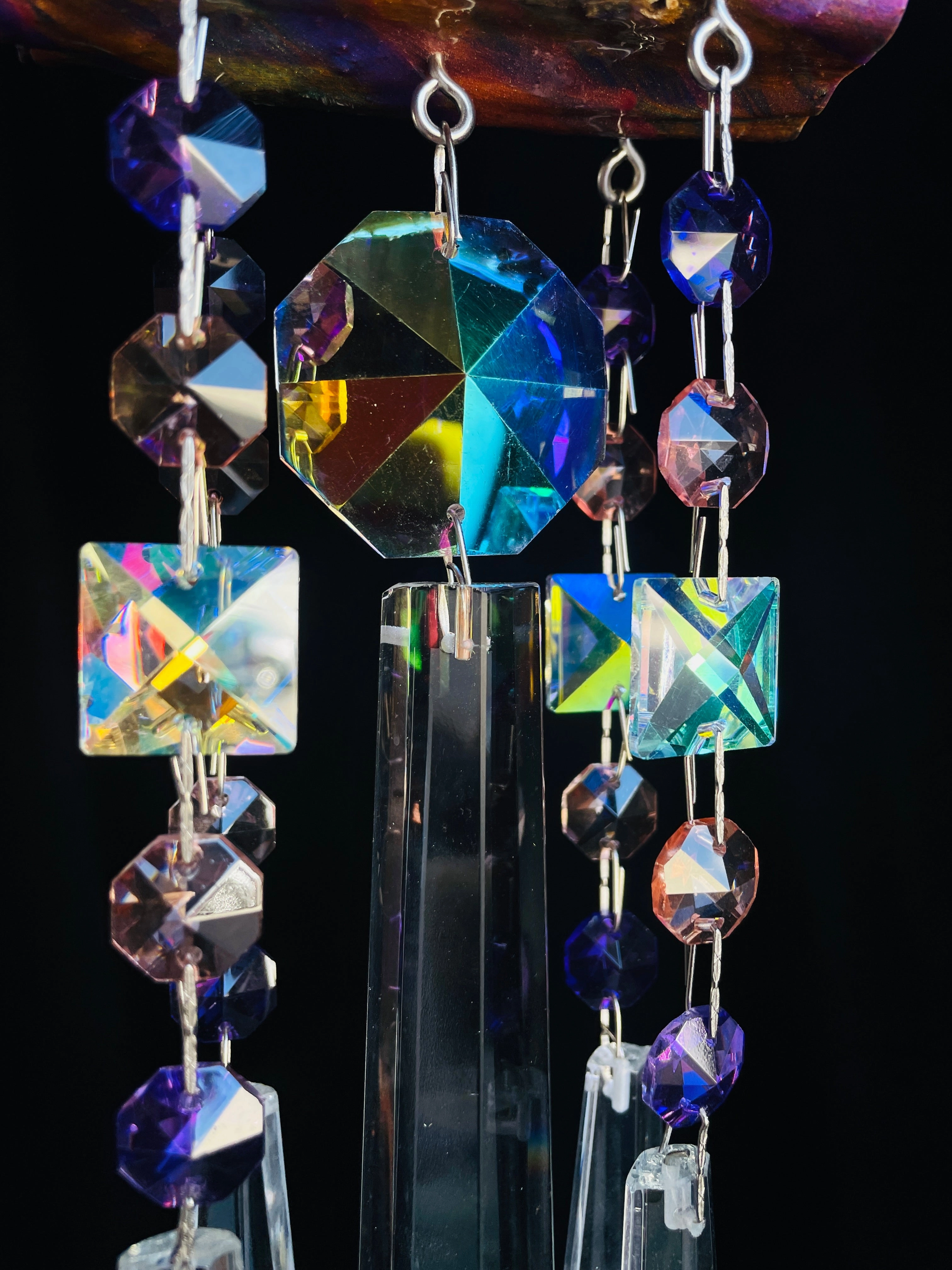 Rainbow Tree Driftwood & Crystal Sun Catcher Wind Chime 5 Strand Purple & Peach