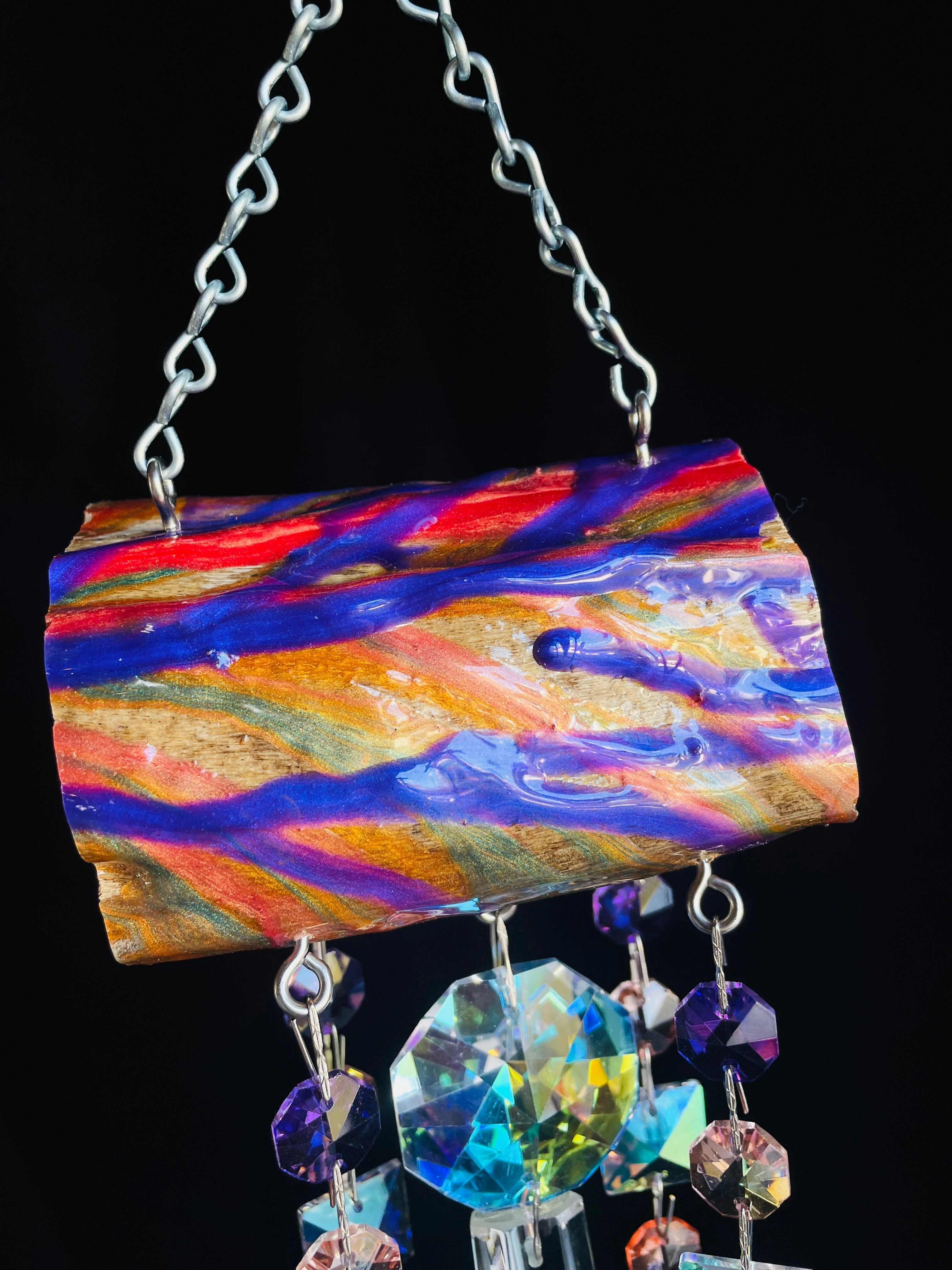 Rainbow Tree Driftwood & Crystal Sun Catcher Wind Chime 5 Strand Purple & Peach