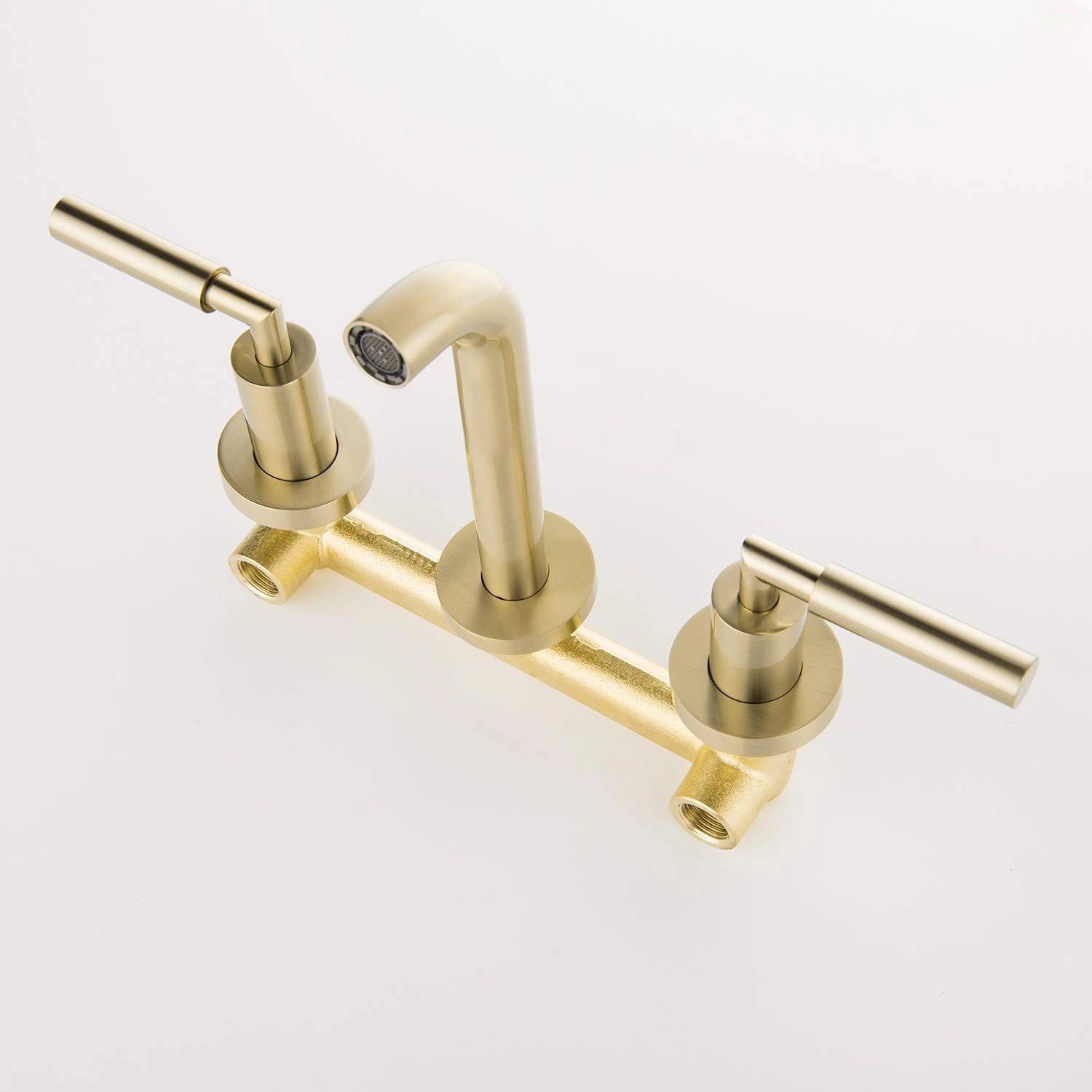 RBROHANT Brushed Gold Wall Mount Bathroom Faucet, Wall Mounted Sink Faucet, Dual Handle, Solid Brass, Rough-in Valve Included