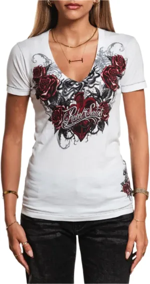 Rebel Saints by Affliction Women's V-Neck T-Shirt, Gothic Rose Design, White - Morticia
