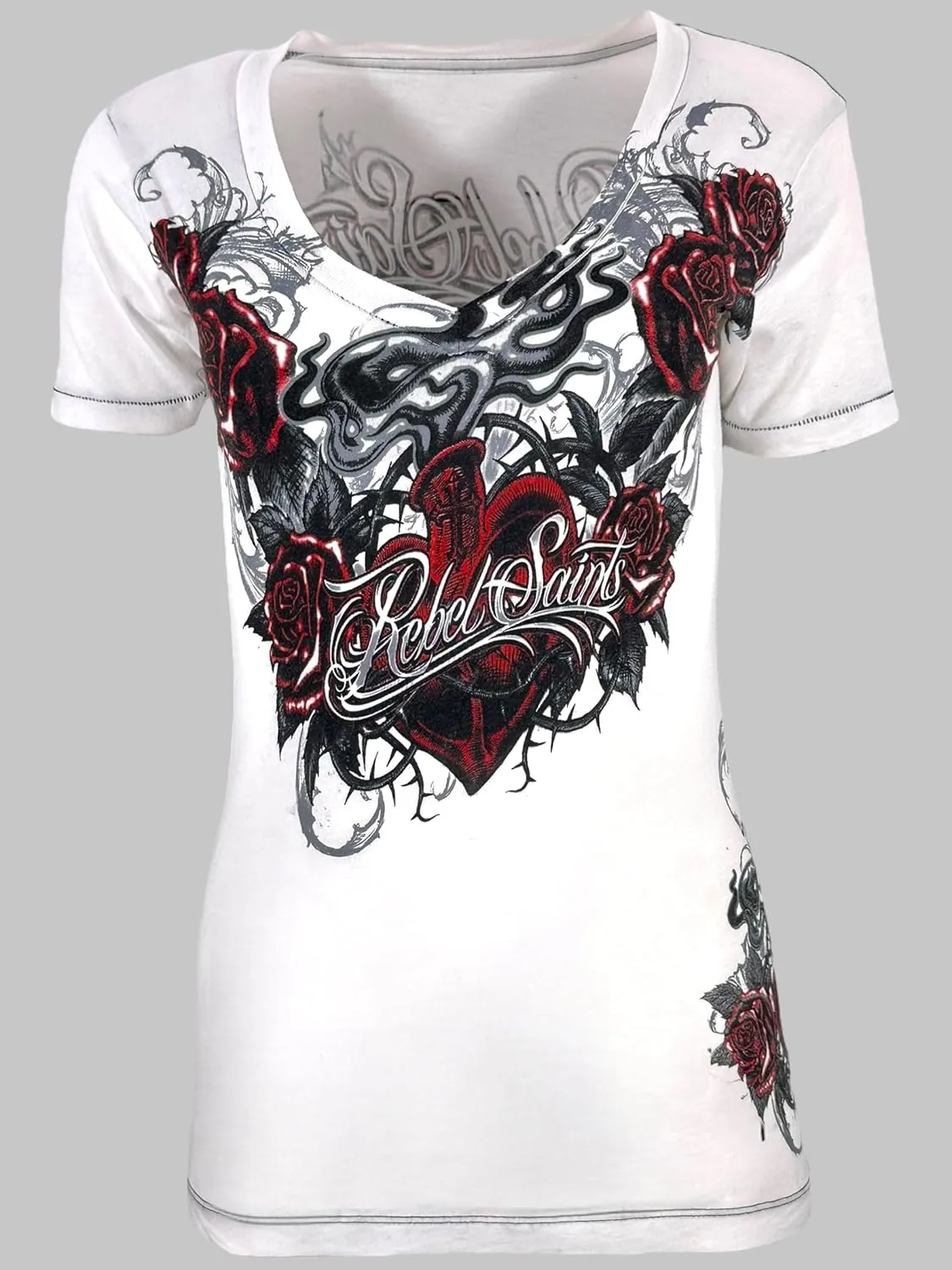 Rebel Saints by Affliction Women's V-Neck T-Shirt, Gothic Rose Design, White - Morticia