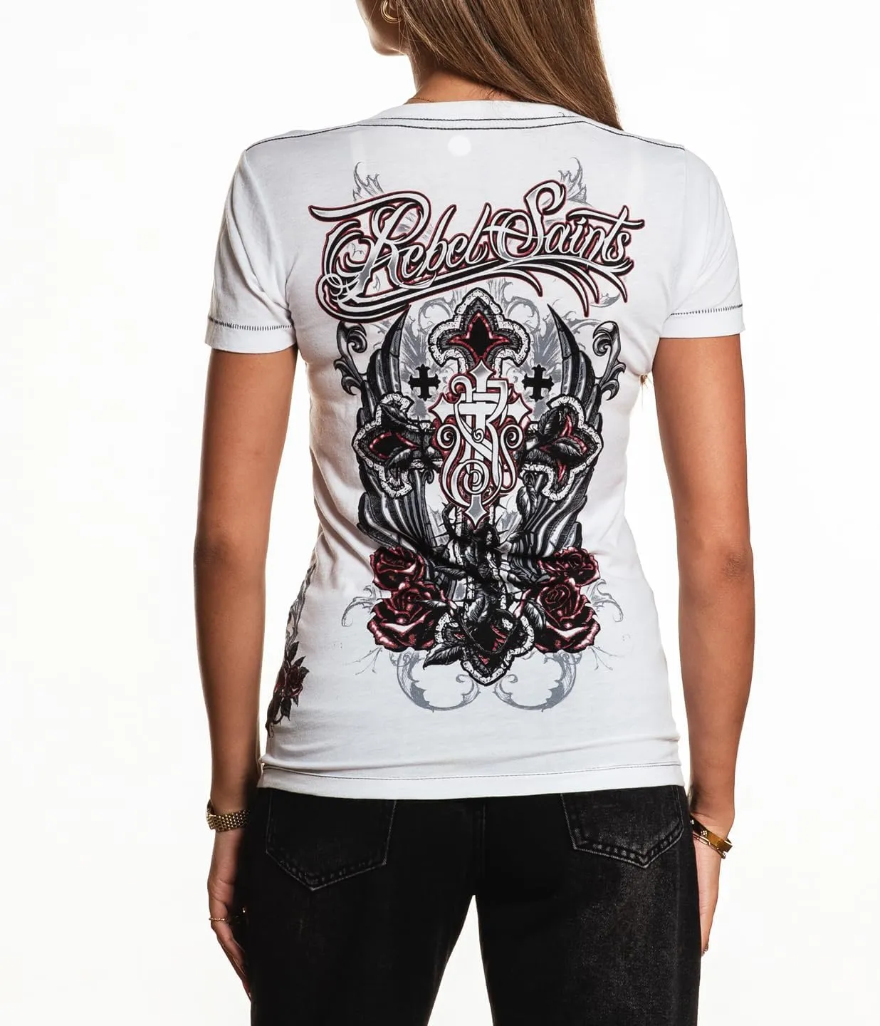 Rebel Saints by Affliction Women's V-Neck T-Shirt, Gothic Rose Design, White - Morticia