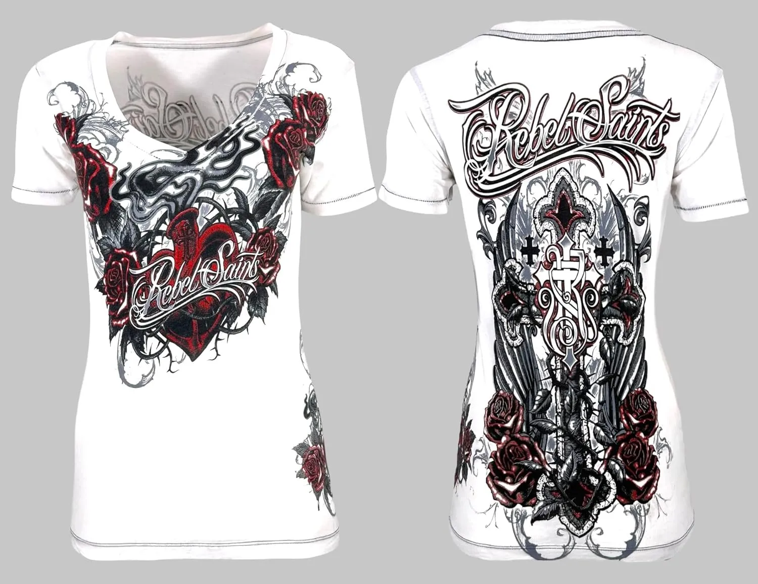 Rebel Saints by Affliction Women's V-Neck T-Shirt, Gothic Rose Design, White - Morticia