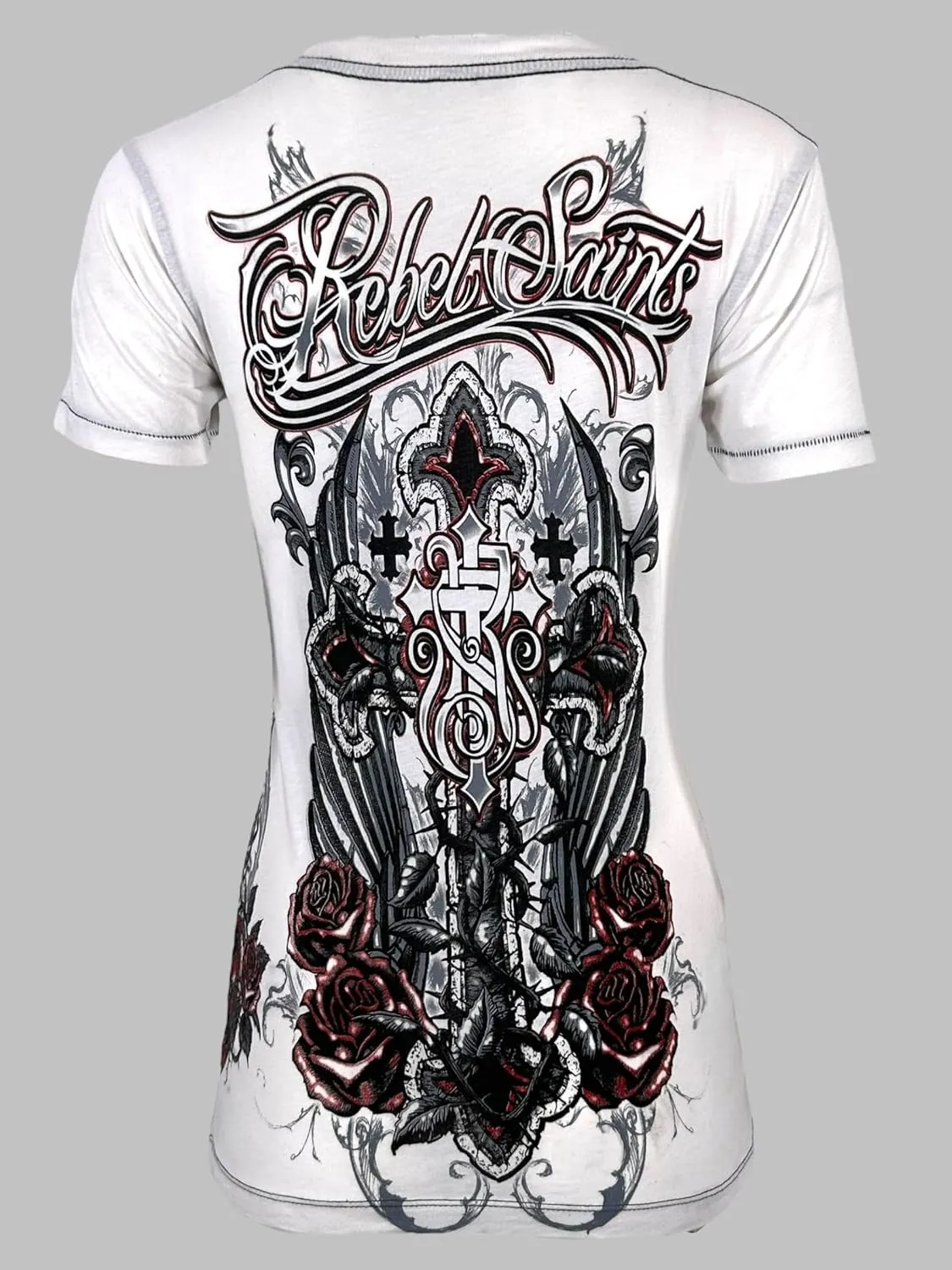 Rebel Saints by Affliction Women's V-Neck T-Shirt, Gothic Rose Design, White - Morticia