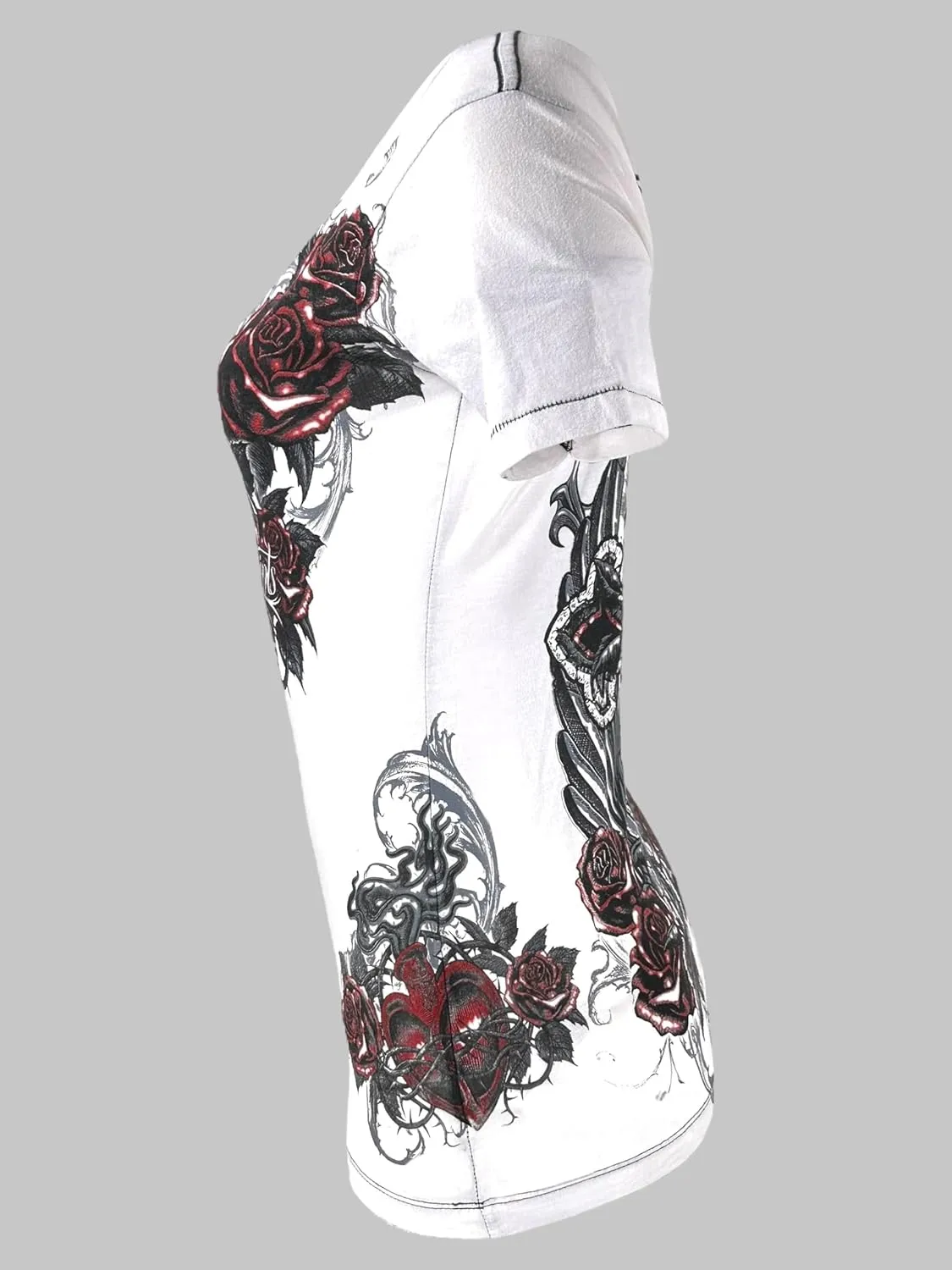Rebel Saints by Affliction Women's V-Neck T-Shirt, Gothic Rose Design, White - Morticia