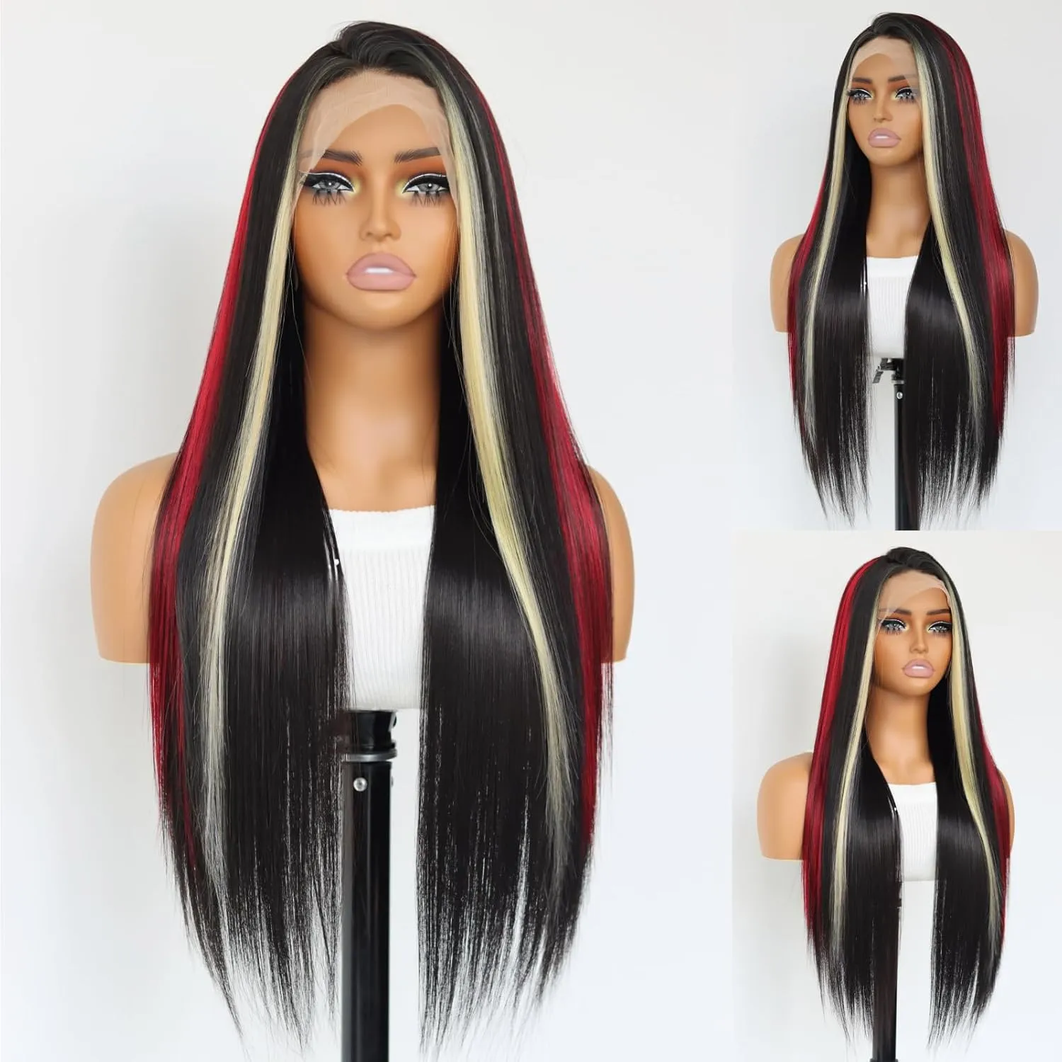 Red and Blonde Lace Front Wigs Black Wig with Red Highlights 13x4 Lace Front Wig Red Blonde and Black Wigs Pre Plucked Nature Hairline With 24 Inch 180% Density