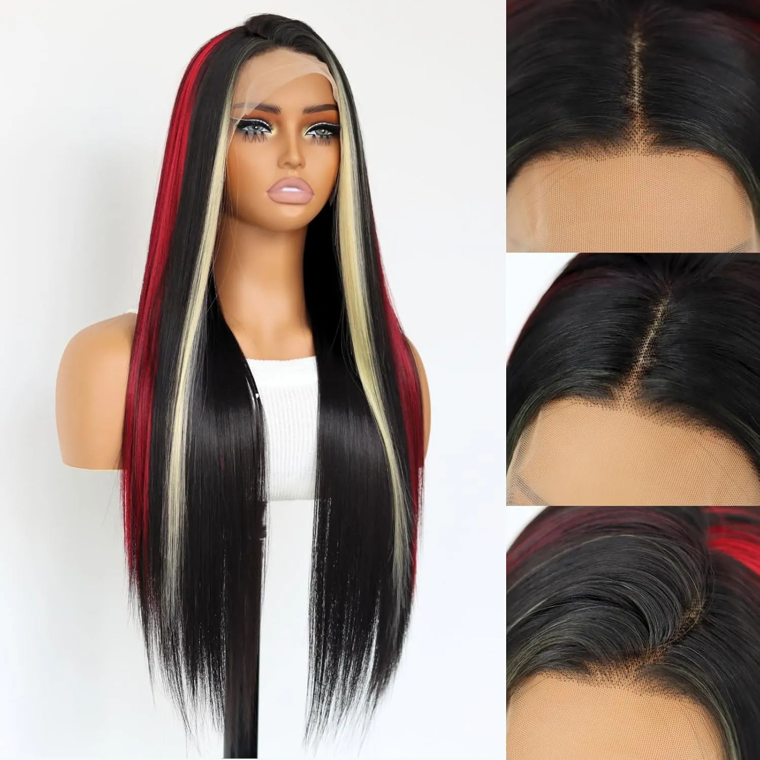Red and Blonde Lace Front Wigs Black Wig with Red Highlights 13x4 Lace Front Wig Red Blonde and Black Wigs Pre Plucked Nature Hairline With 24 Inch 180% Density