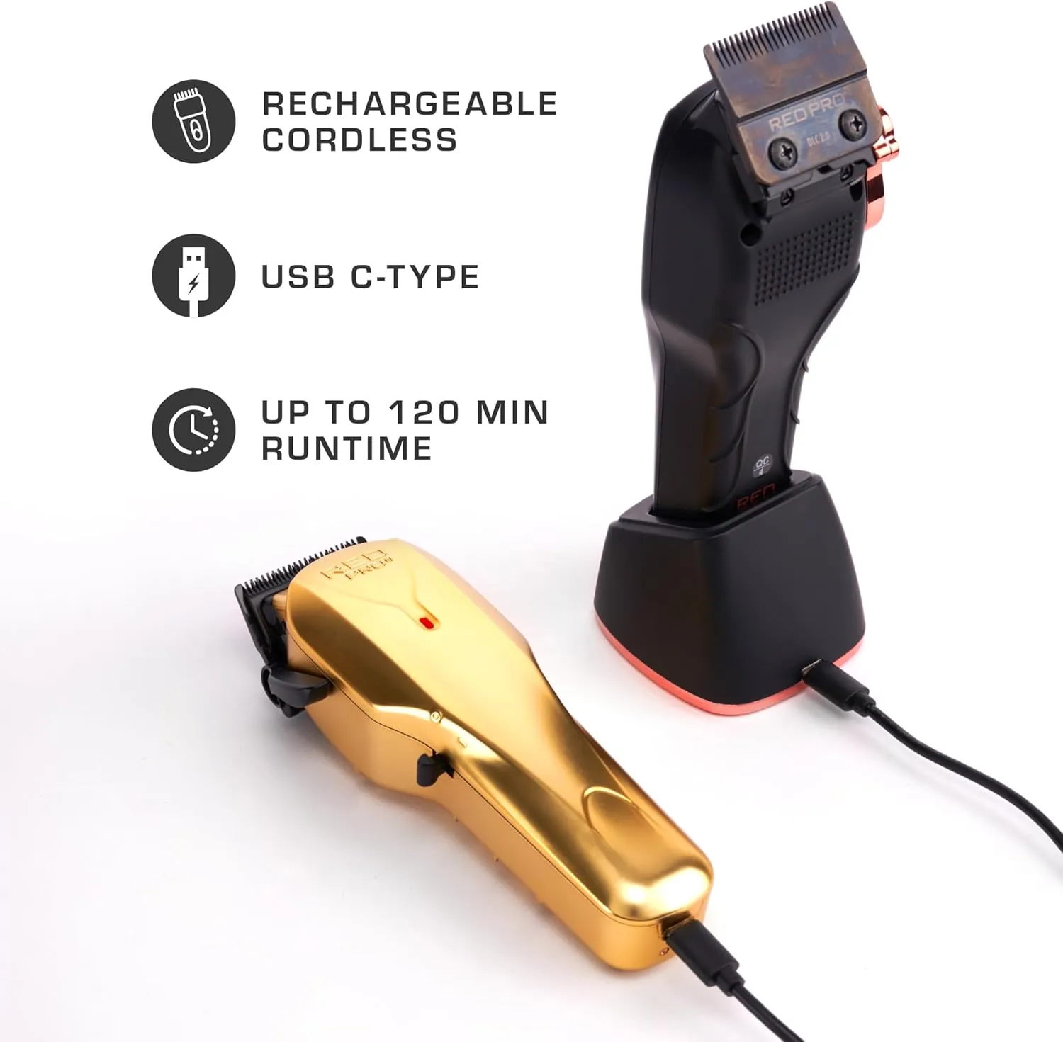 RED Pro Professional Cordless Hair Clipper for Men, Electric Rechargeable Hair Clipper Set for Barbers and Stylists with Up to 150 Minutes Battery Life, 6 Clippers Guide Included (Matte Gold)