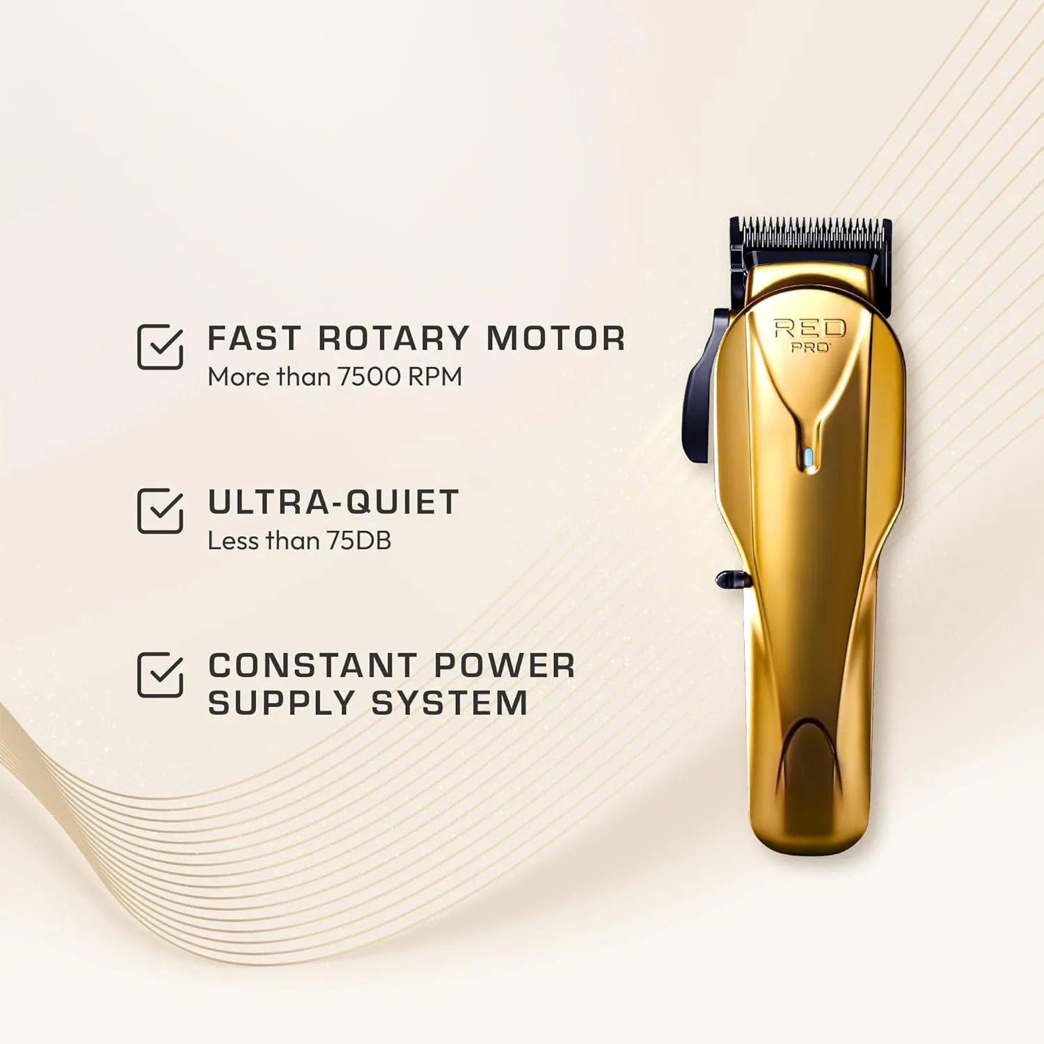 RED Pro Professional Cordless Hair Clipper for Men, Electric Rechargeable Hair Clipper Set for Barbers and Stylists with Up to 150 Minutes Battery Life, 6 Clippers Guide Included (Matte Gold)