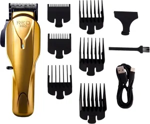 RED Pro Professional Cordless Hair Clipper for Men, Electric Rechargeable Hair Clipper Set for Barbers and Stylists with Up to 150 Minutes Battery Life, 6 Clippers Guide Included (Matte Gold)