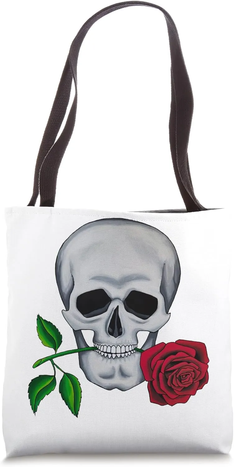 Red Rose Skull Head Moody Emo Artwork Rosa Gothic Art Design Tote Bag