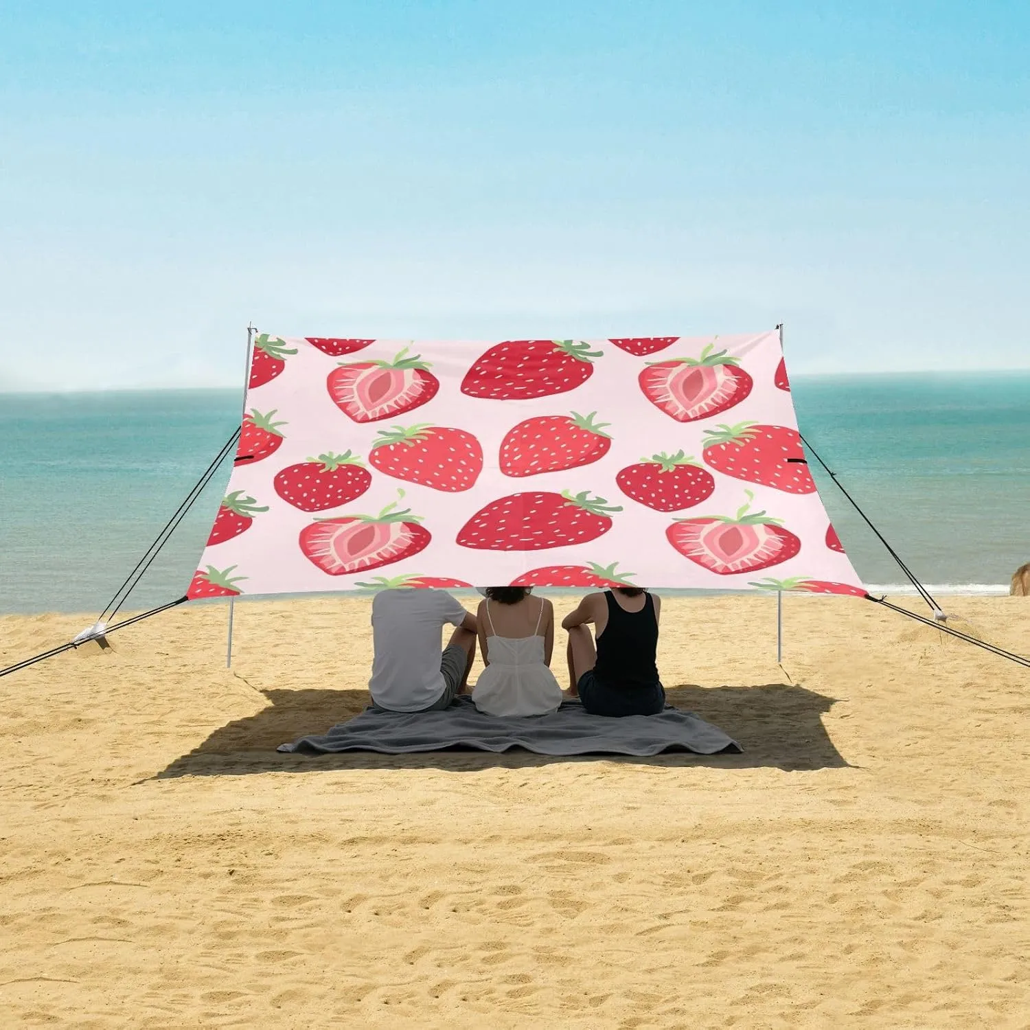 Red Strawberries Light Pink Beach Canopy Tent 9.2 × 10.5 FT Sun Shade Outdoor Patio Kids Canopies Travel Camping Sun Shelter with Poles Sandbags Easy