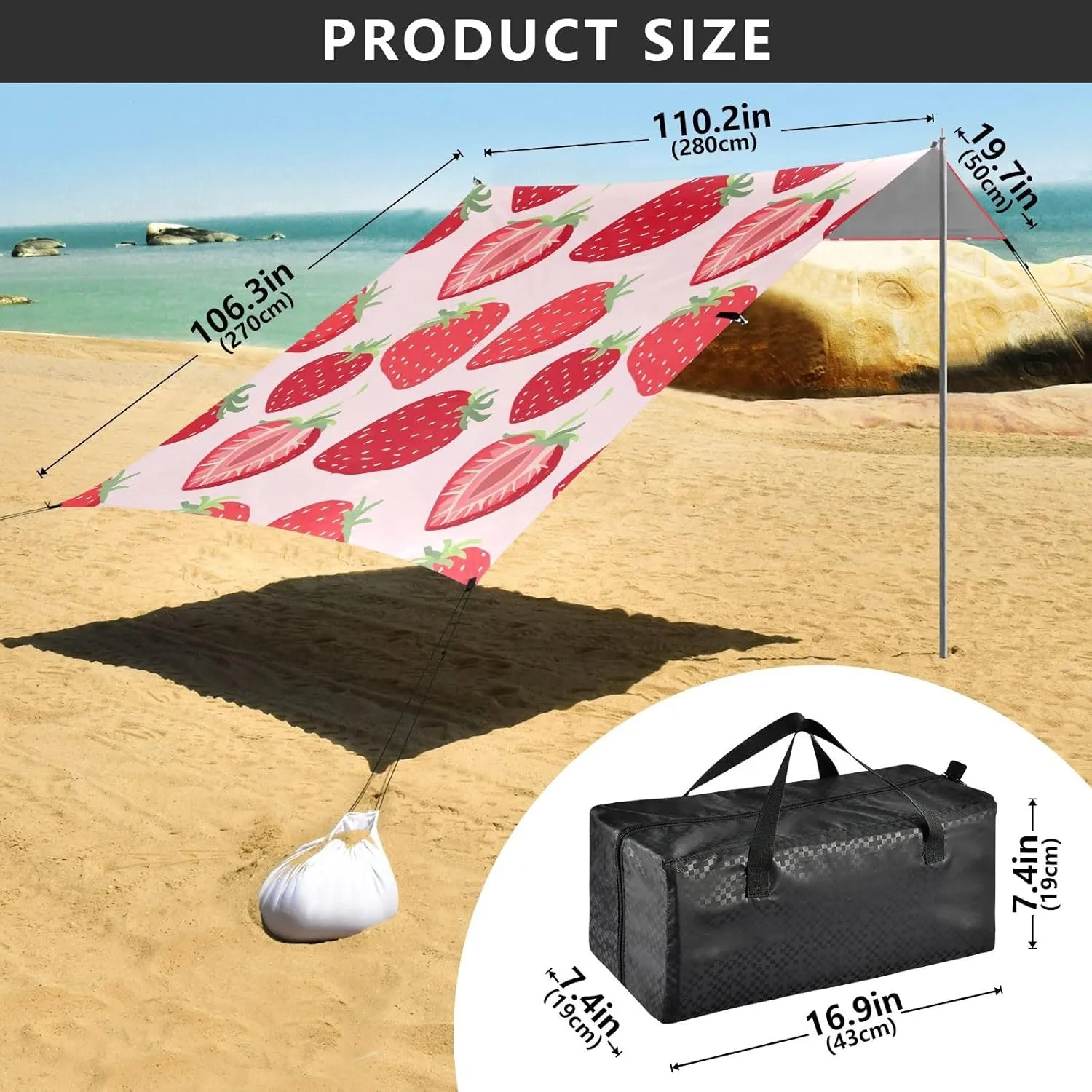 Red Strawberries Light Pink Beach Canopy Tent 9.2 × 10.5 FT Sun Shade Outdoor Patio Kids Canopies Travel Camping Sun Shelter with Poles Sandbags Easy