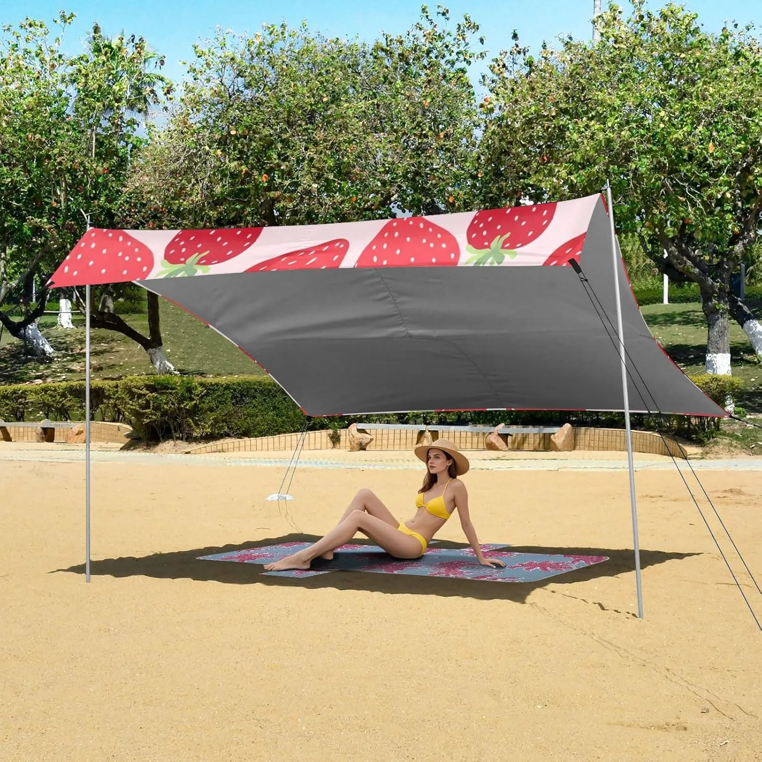 Red Strawberries Light Pink Beach Canopy Tent 9.2 × 10.5 FT Sun Shade Outdoor Patio Kids Canopies Travel Camping Sun Shelter with Poles Sandbags Easy