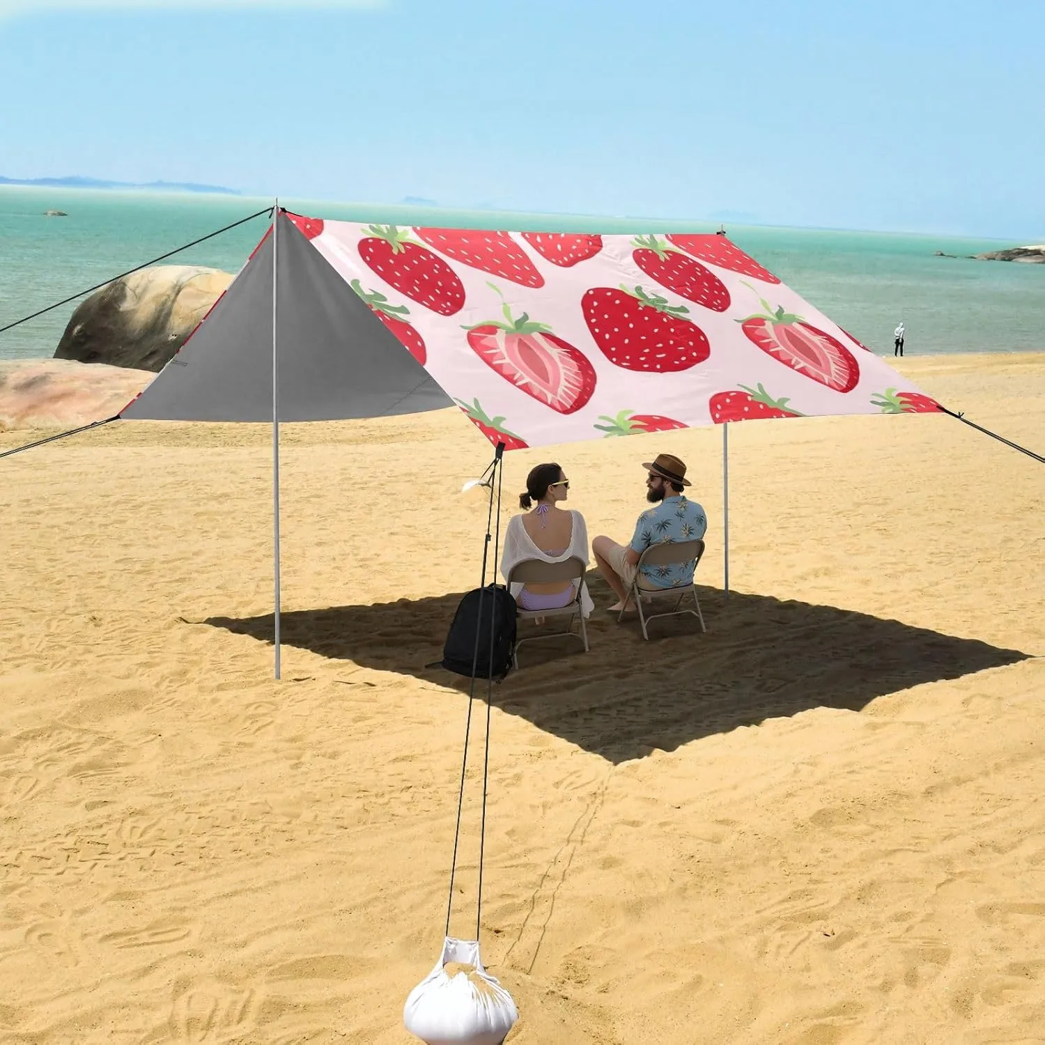 Red Strawberries Light Pink Beach Canopy Tent 9.2 × 10.5 FT Sun Shade Outdoor Patio Kids Canopies Travel Camping Sun Shelter with Poles Sandbags Easy