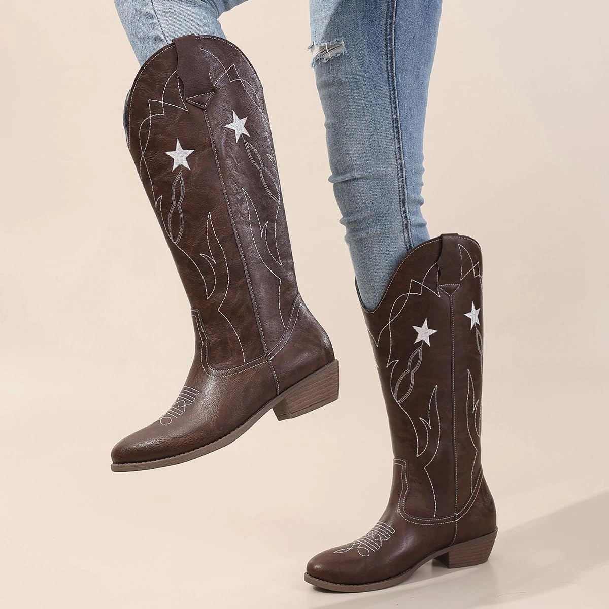 Red Cowgirl Boots for Women - Wide Calf Cowboy Boots with Embroidery & Pentagram Design, Western Style Country Boots