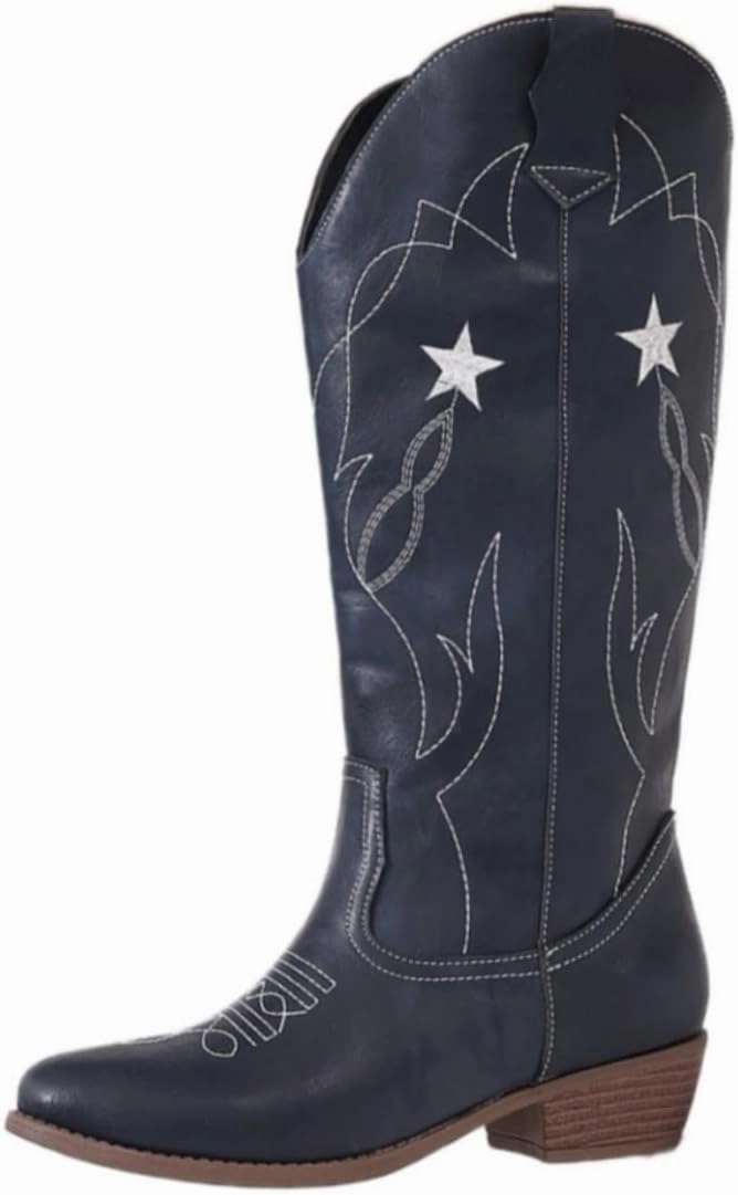 Red Cowgirl Boots for Women - Wide Calf Cowboy Boots with Embroidery & Pentagram Design, Western Style Country Boots