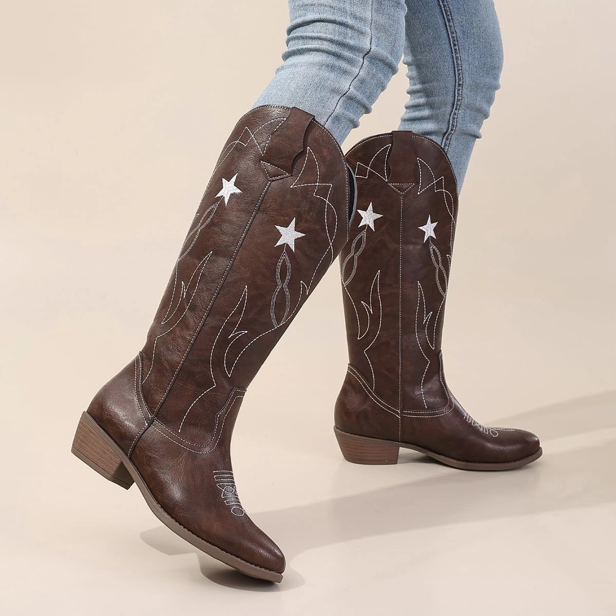 Red Cowgirl Boots for Women - Wide Calf Cowboy Boots with Embroidery & Pentagram Design, Western Style Country Boots