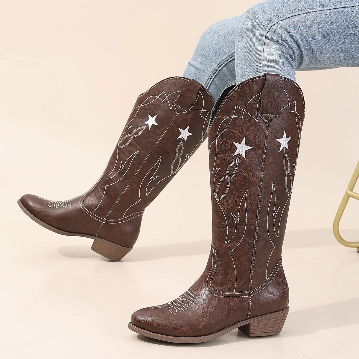 Red Cowgirl Boots for Women - Wide Calf Cowboy Boots with Embroidery & Pentagram Design, Western Style Country Boots
