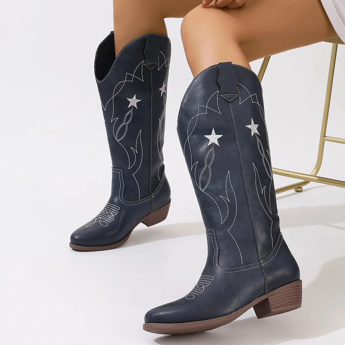 Red Cowgirl Boots for Women - Wide Calf Cowboy Boots with Embroidery & Pentagram Design, Western Style Country Boots
