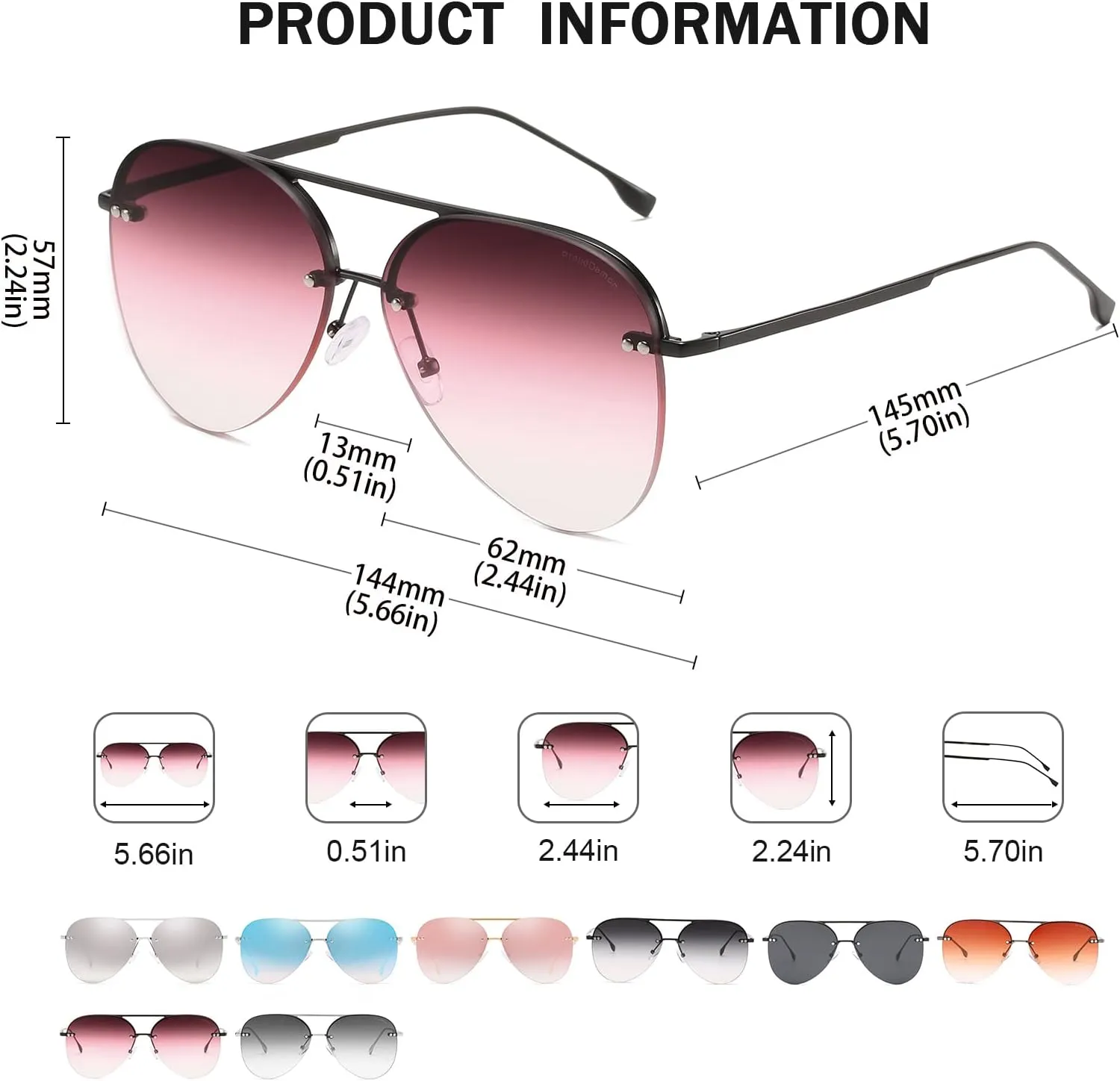 Retro Rimless Women Aviator Sunglasses Classic Lady Oversized Sun Glasses black Gradient Mirrored Lens Bold Shades