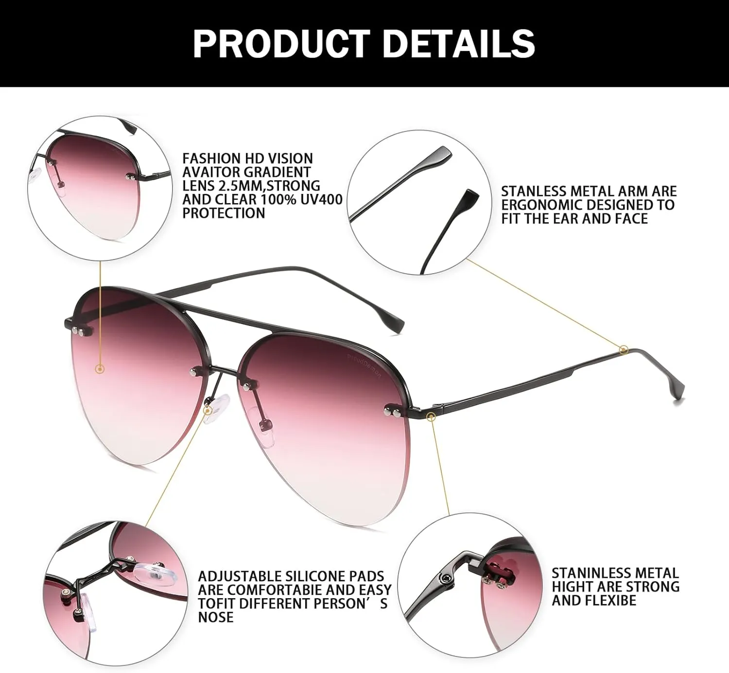 Retro Rimless Women Aviator Sunglasses Classic Lady Oversized Sun Glasses black Gradient Mirrored Lens Bold Shades