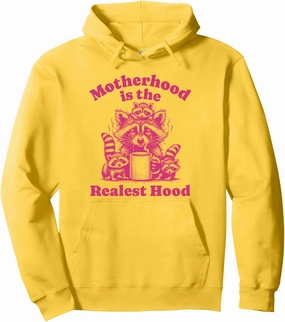 Retro Motherhood Is the Realest Hood Funny Raccoon Design Pullover Hoodie