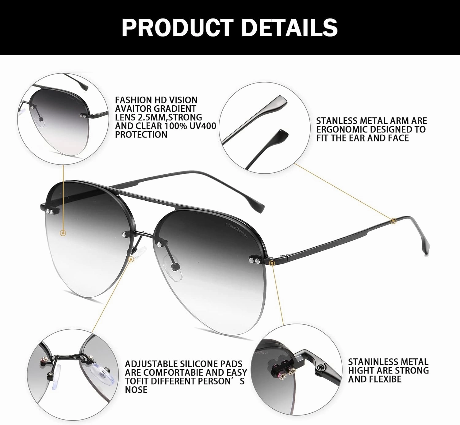 Retro Rimless Women Aviator Sunglasses Classic Lady Oversized Sun Glasses black Gradient Mirrored Lens Bold Shades